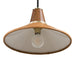 Underneath view of bulb Cullen pendant light with a camel leather shade and natural walnut finial 