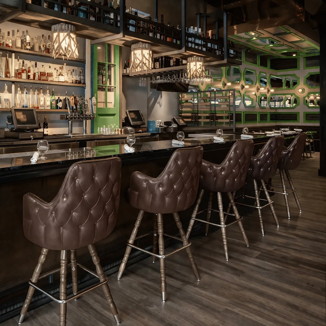 Button tufted clean-edge bar stool showcasing a balanced modern silhouette and tailored performance upholstery for hospitality use