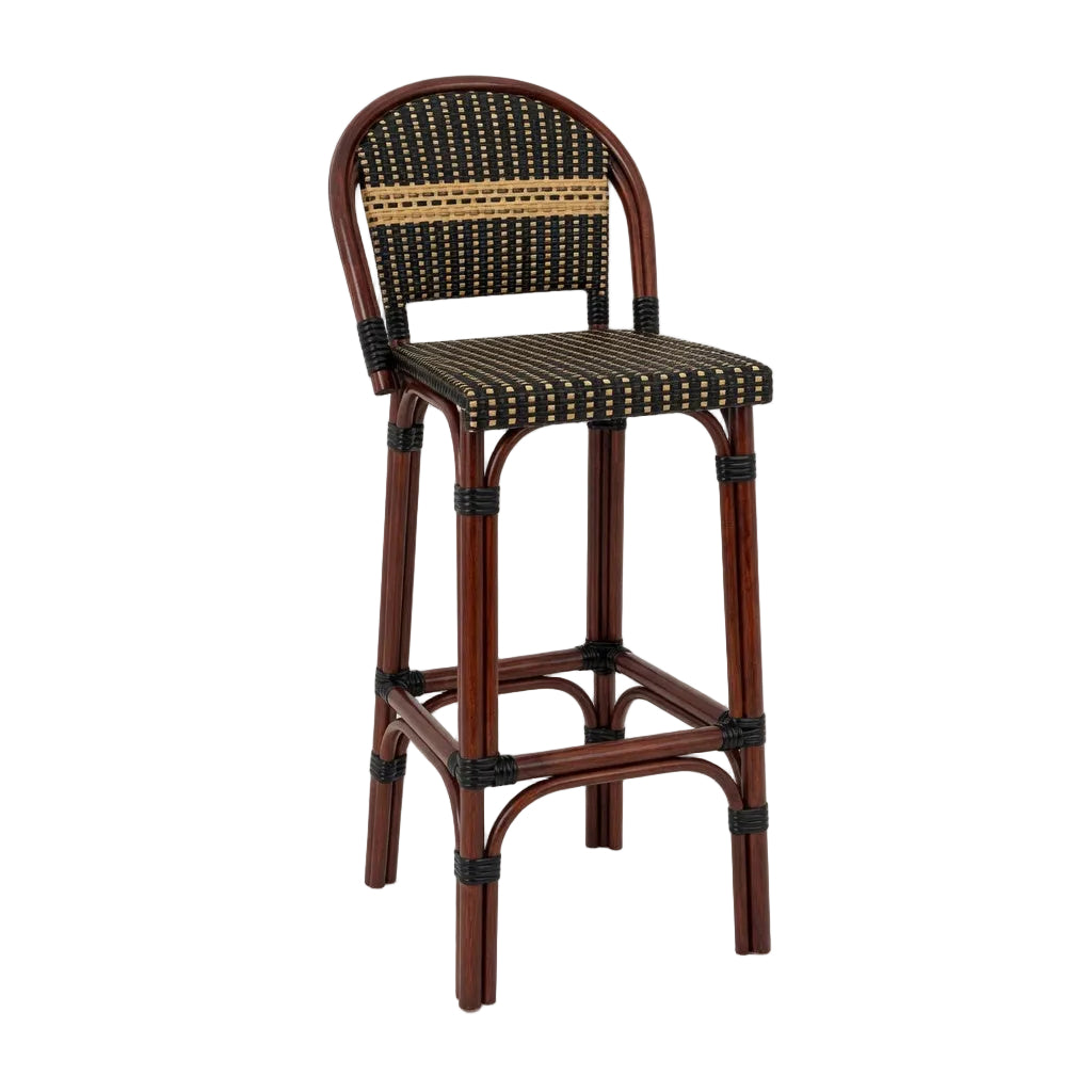 Bar stool with dark wood frame and black woven seat and back with light speckles