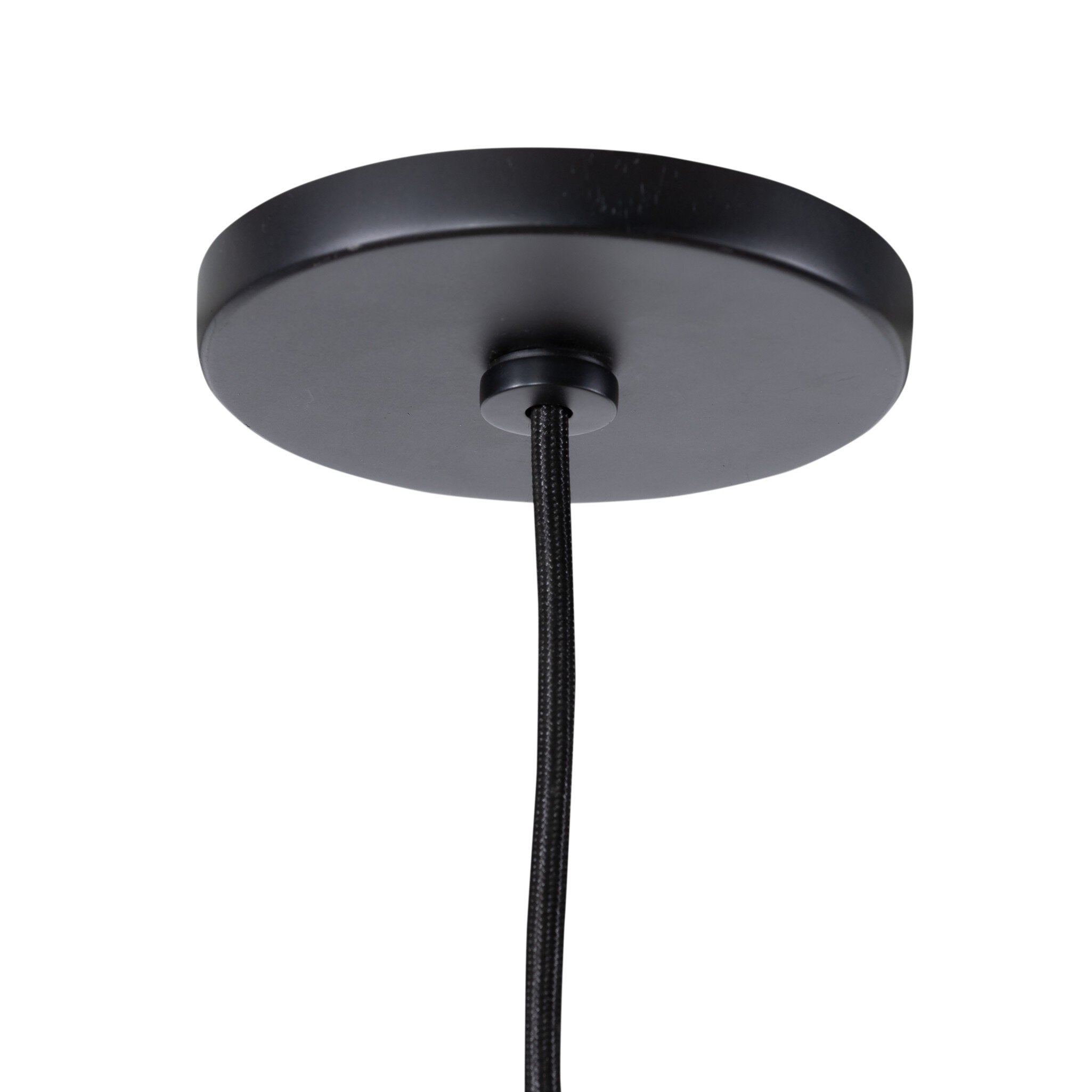 Ceiling detail Cullen pendant light with a black leather shade and natural walnut finial 