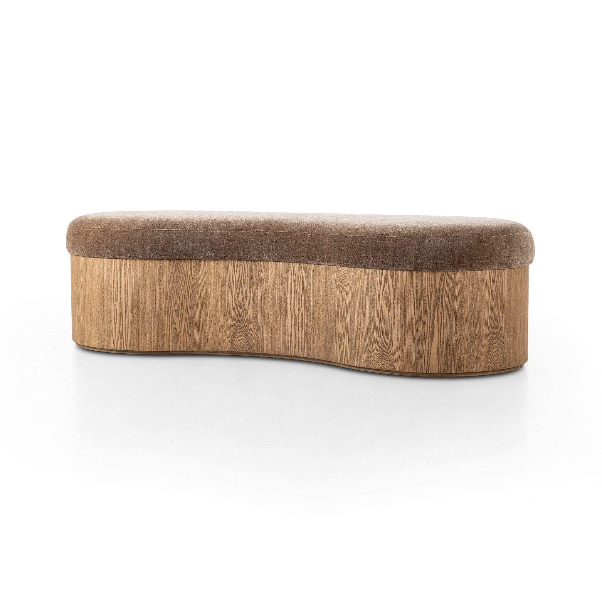 Celeste Interior Accent Bench Toasted Ash Thick Veneer with Brown Altair Mushroom Fabric Curved Retro Contemporary Modern Kidney Shape Angled View on White Background