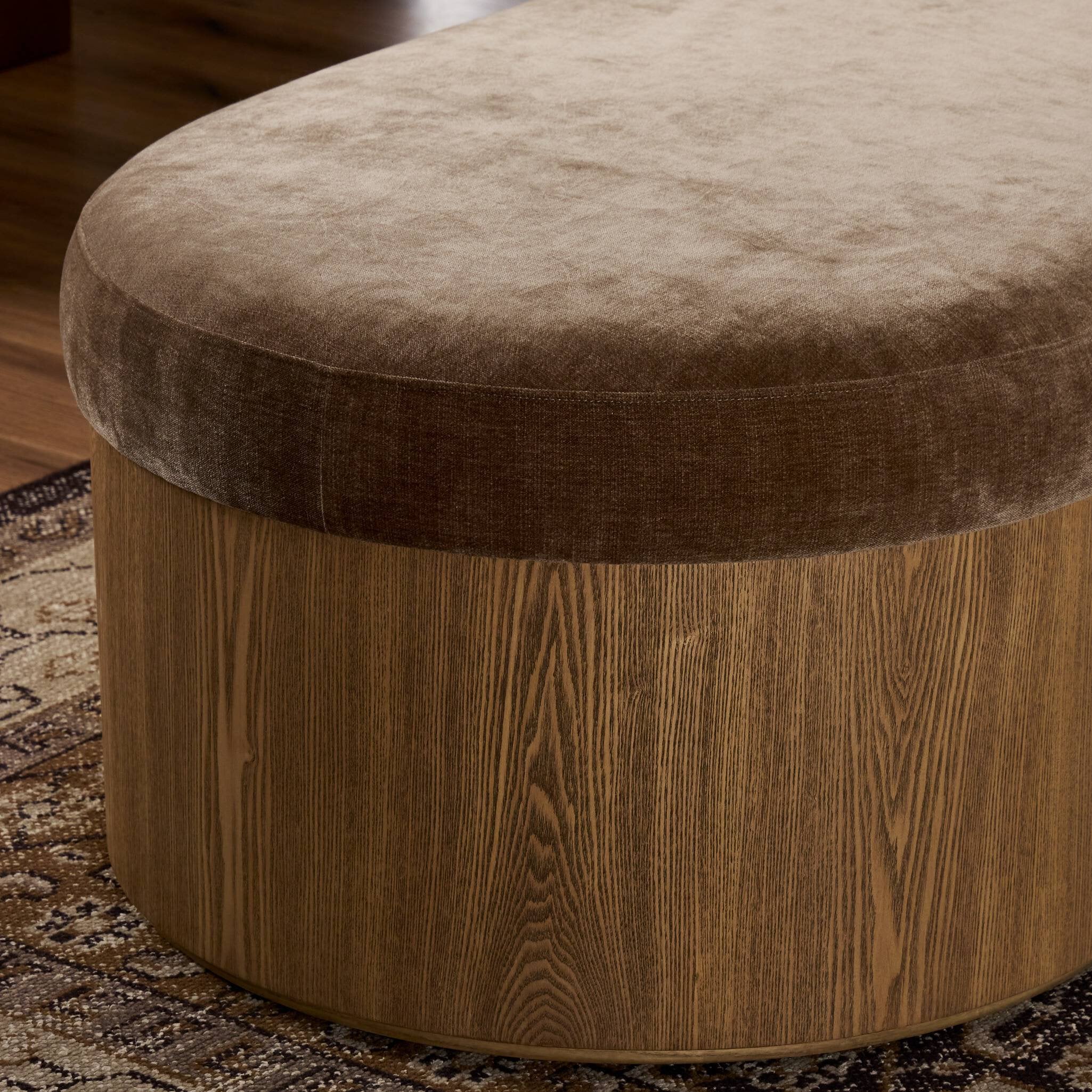 Celeste Interior Accent Bench Toasted Ash Thick Veneer with Brown Altair Mushroom Fabric Curved Retro Contemporary Modern Kidney Shape Side View Detailed Tufted Ottoman and Wood Base Design Scene Hospitality Idea