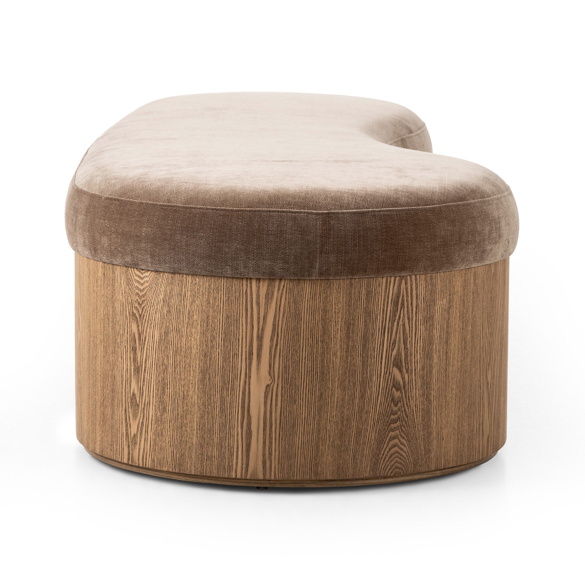 Celeste Interior Accent Bench Toasted Ash Thick Veneer with Brown Altair Mushroom Fabric Curved Retro Contemporary Modern Kidney Shape Ottoman Side View