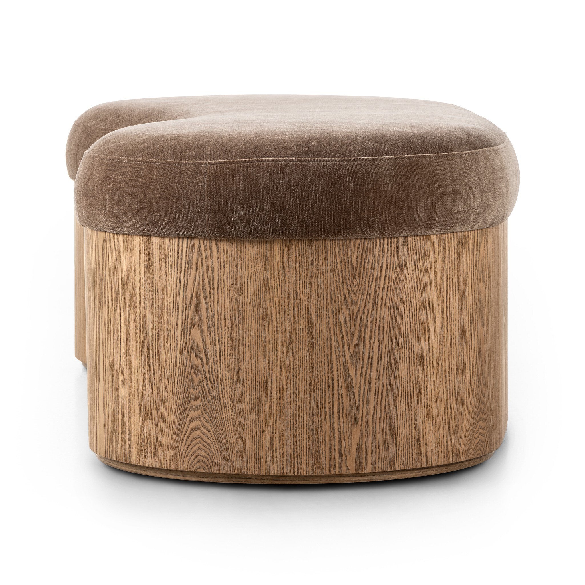 Celeste Interior Accent Bench Toasted Ash Thick Veneer with Brown Altair Mushroom Fabric Curved Retro Contemporary Modern Kidney Shape Close Side View on White Background