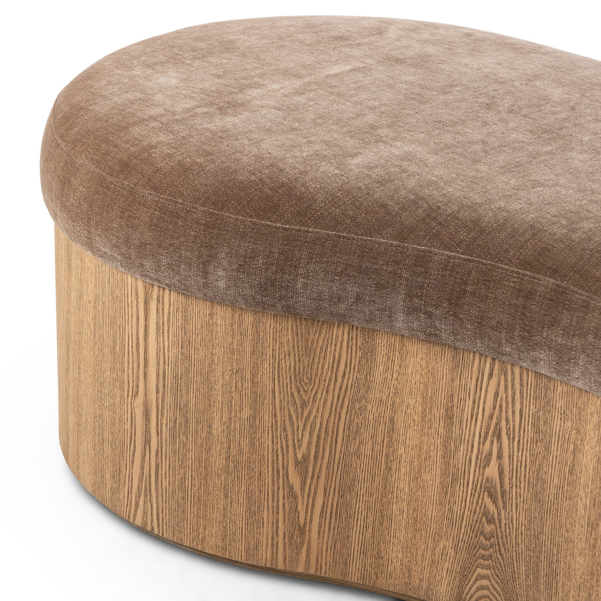 Celeste Interior Accent Bench Toasted Ash Thick Veneer with Brown Altair Mushroom Fabric Curved Retro Contemporary Modern Kidney Shape Side View Detailed Tufted Ottoman and Wood Base