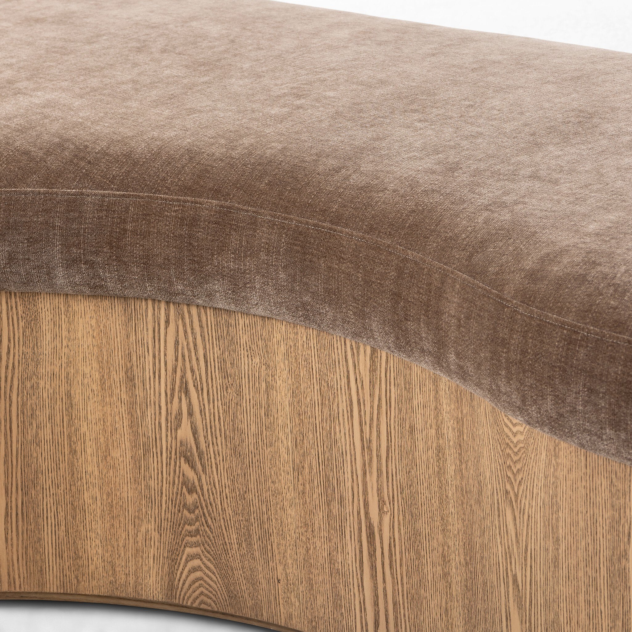 Celeste Interior Accent Bench Toasted Ash Thick Veneer with Brown Altair Mushroom Fabric Curved Retro Contemporary Modern Kidney Shape Side View Detailed Tufted Ottoman and Wood Base Close View