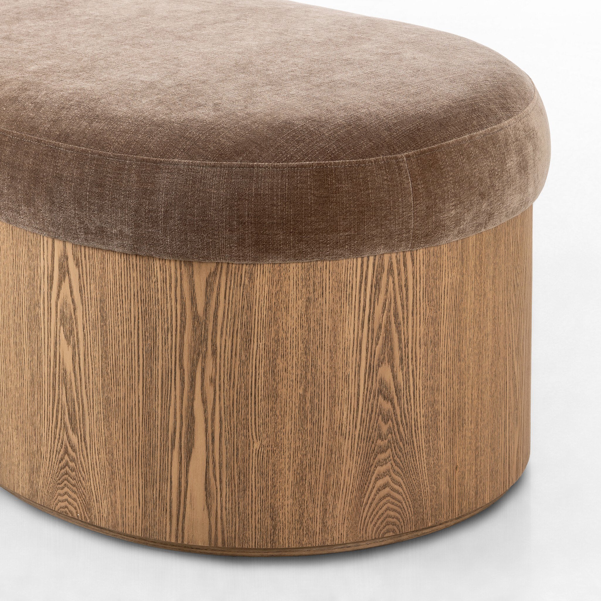 Celeste Interior Accent Bench Toasted Ash Thick Veneer with Brown Altair Mushroom Fabric Curved Retro Contemporary Modern Kidney Shape Side View Detailed Tufted Ottoman and Wood Base Round 