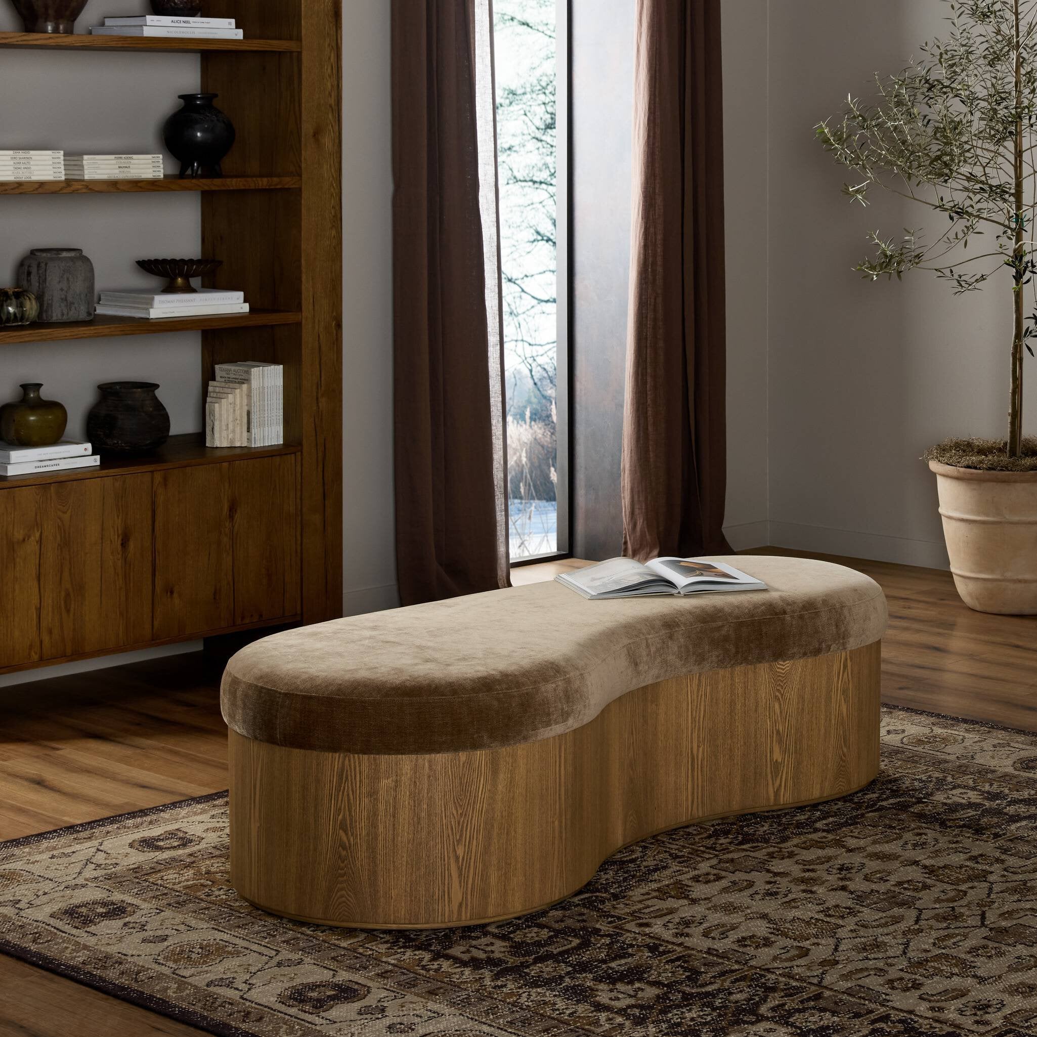 Celeste Interior Accent Bench Toasted Ash Thick Veneer with Brown Altair Mushroom Fabric Curved Retro Contemporary Modern Wavy Kidney Shape in Entryway Room Design Visual