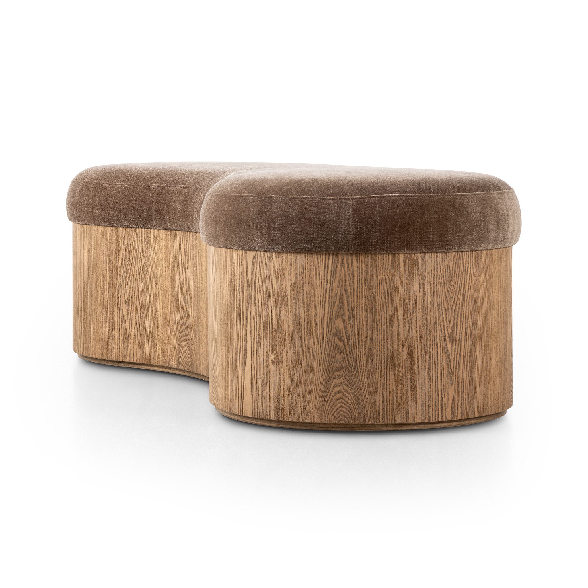 Celeste Interior Accent Bench Toasted Ash Thick Veneer with Brown Altair Mushroom Fabric Curved Retro Contemporary Modern Kidney Shape Wavy Side View