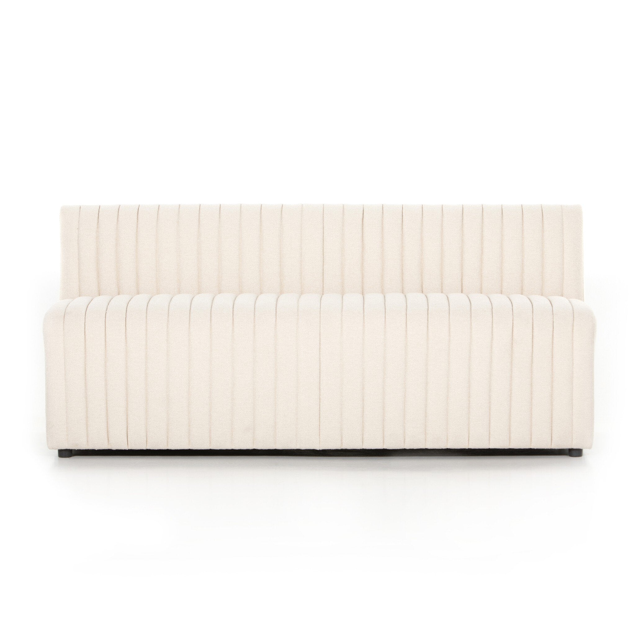 Center booth Custom Augustine dining banquette in neutral performance fabric with high-back tufted detailing and wood base.