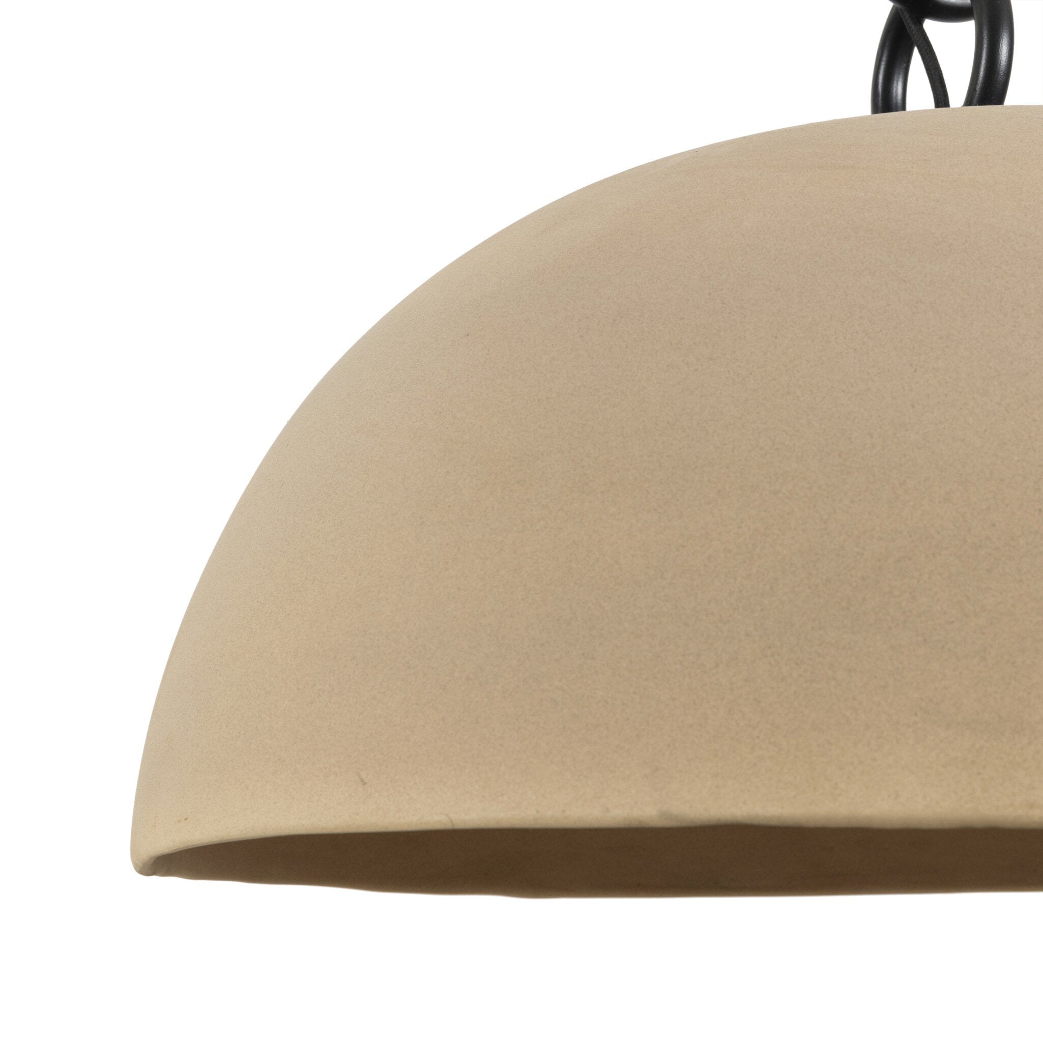 Ceramic detail close up Jesenia 27.5-inch diameter tan speckled ceramic pendant light with oversized black iron chain links