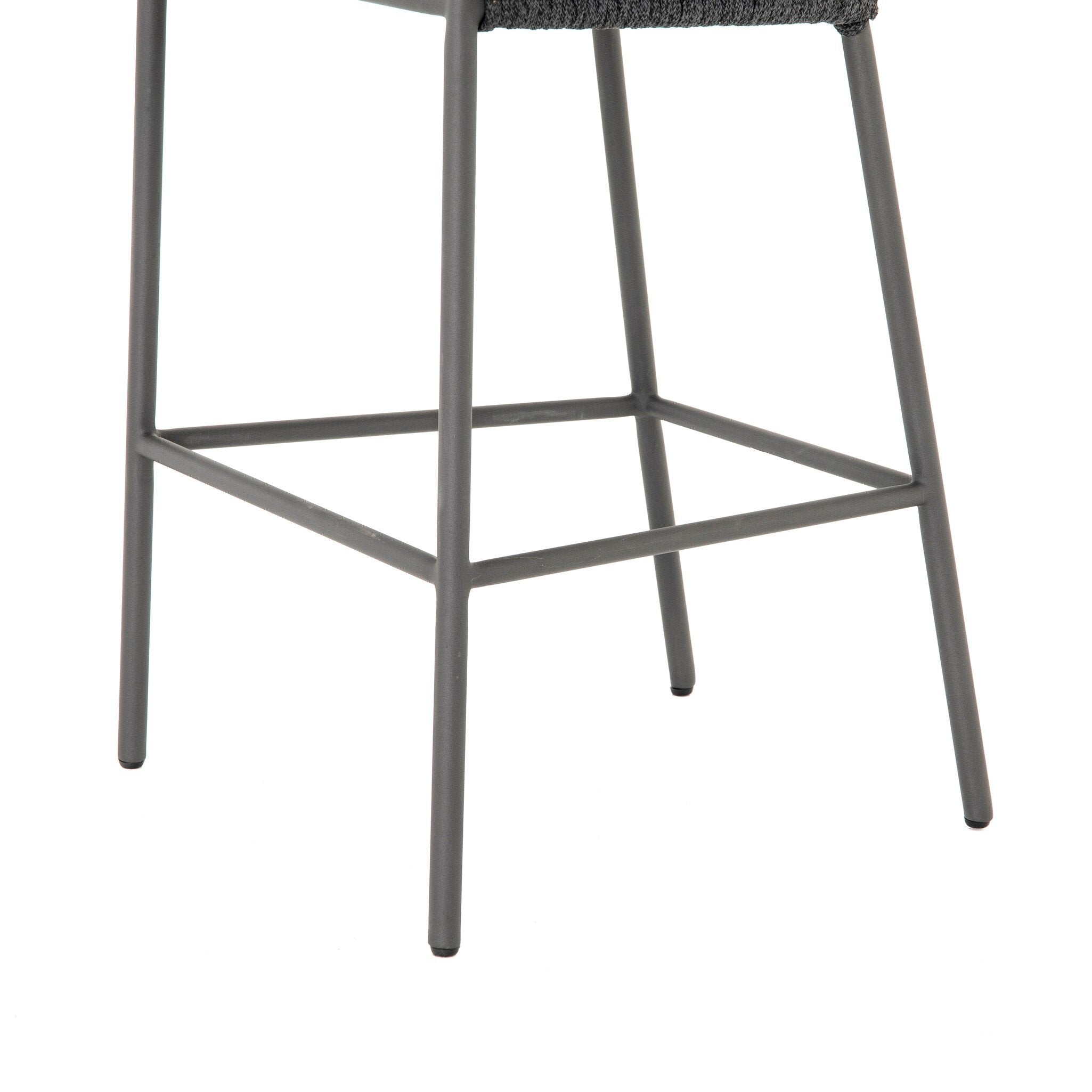 Chair legs Porto Outdoor Bar Stool with a natural teak frame and weather-resistant grey rope-weave backrest
