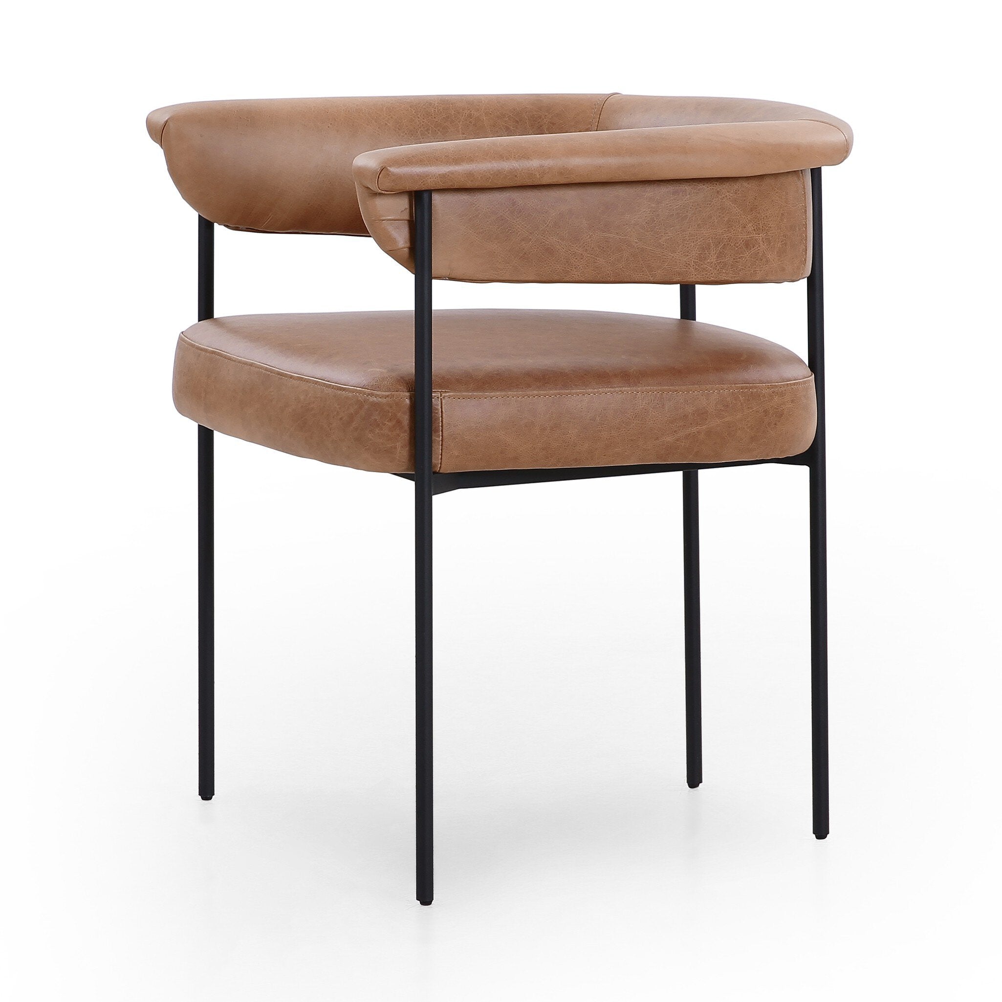 Chaps Saddle Angled Minimalist yoke-back dining chair in Light Camel leather and black iron by Social Design Supply