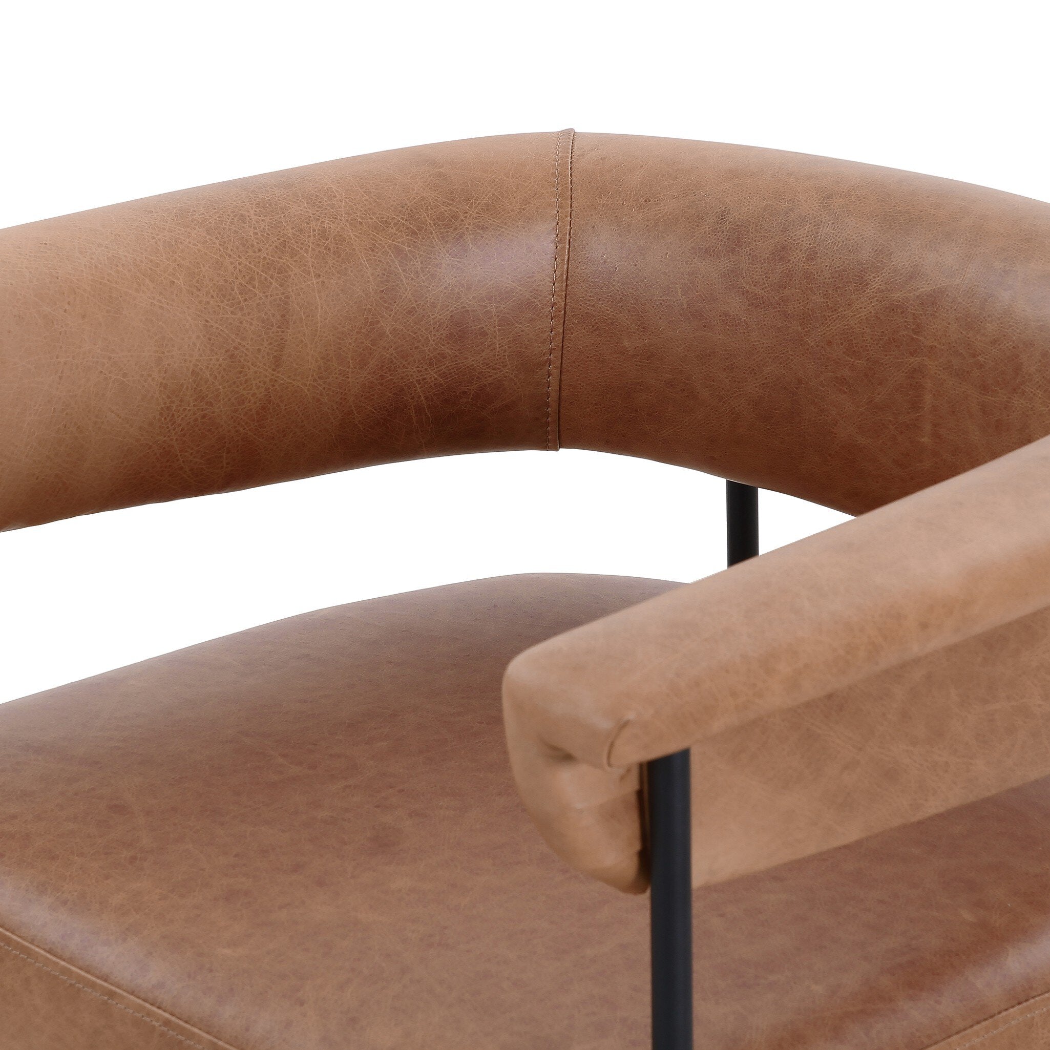 Chaps Saddle Corner Stitching Detail Minimalist yoke-back dining chair in Light Camel leather and black iron by Social Design Supply