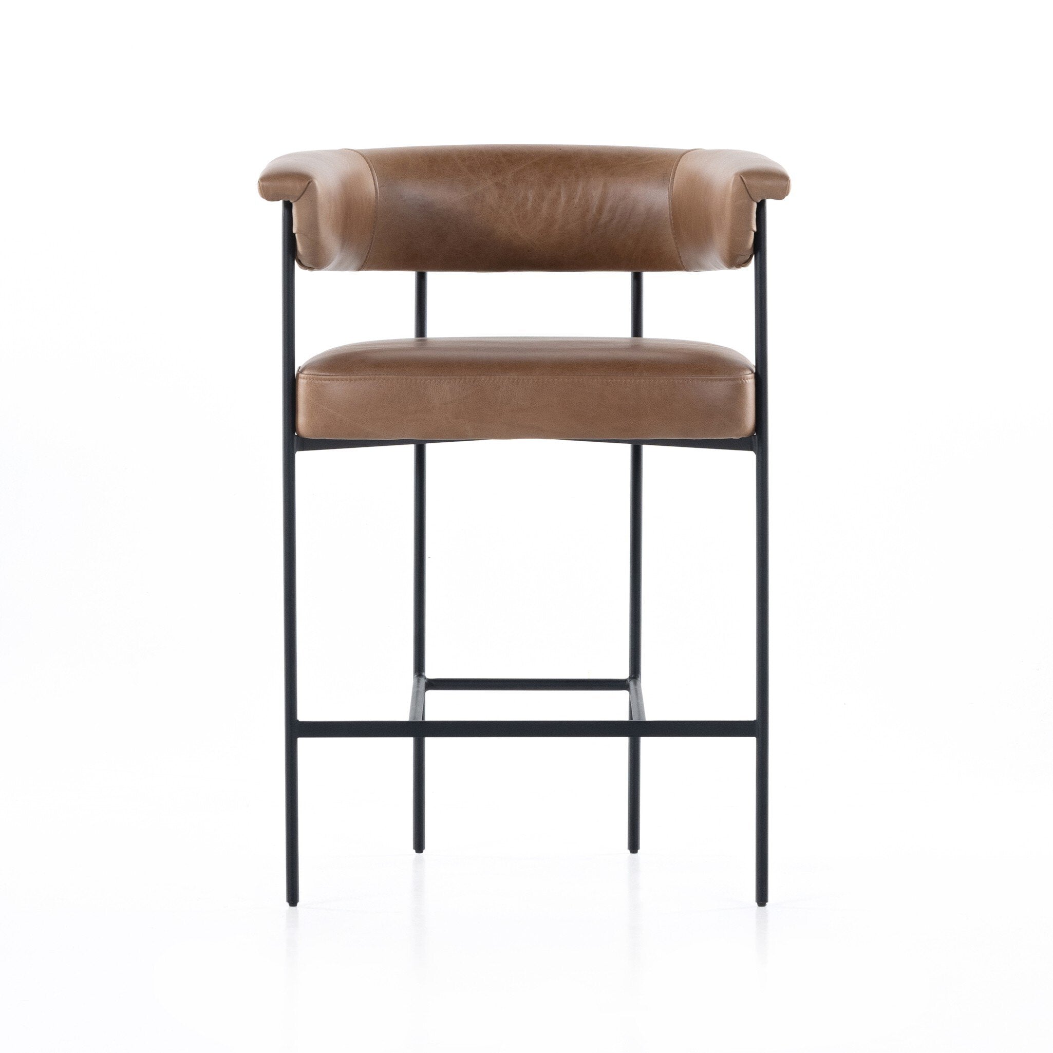 Upholstered counter stool with chaps saddle brown fabric seat and black metal legs