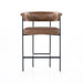 Upholstered counter stool with chaps saddle brown fabric seat and black metal legs