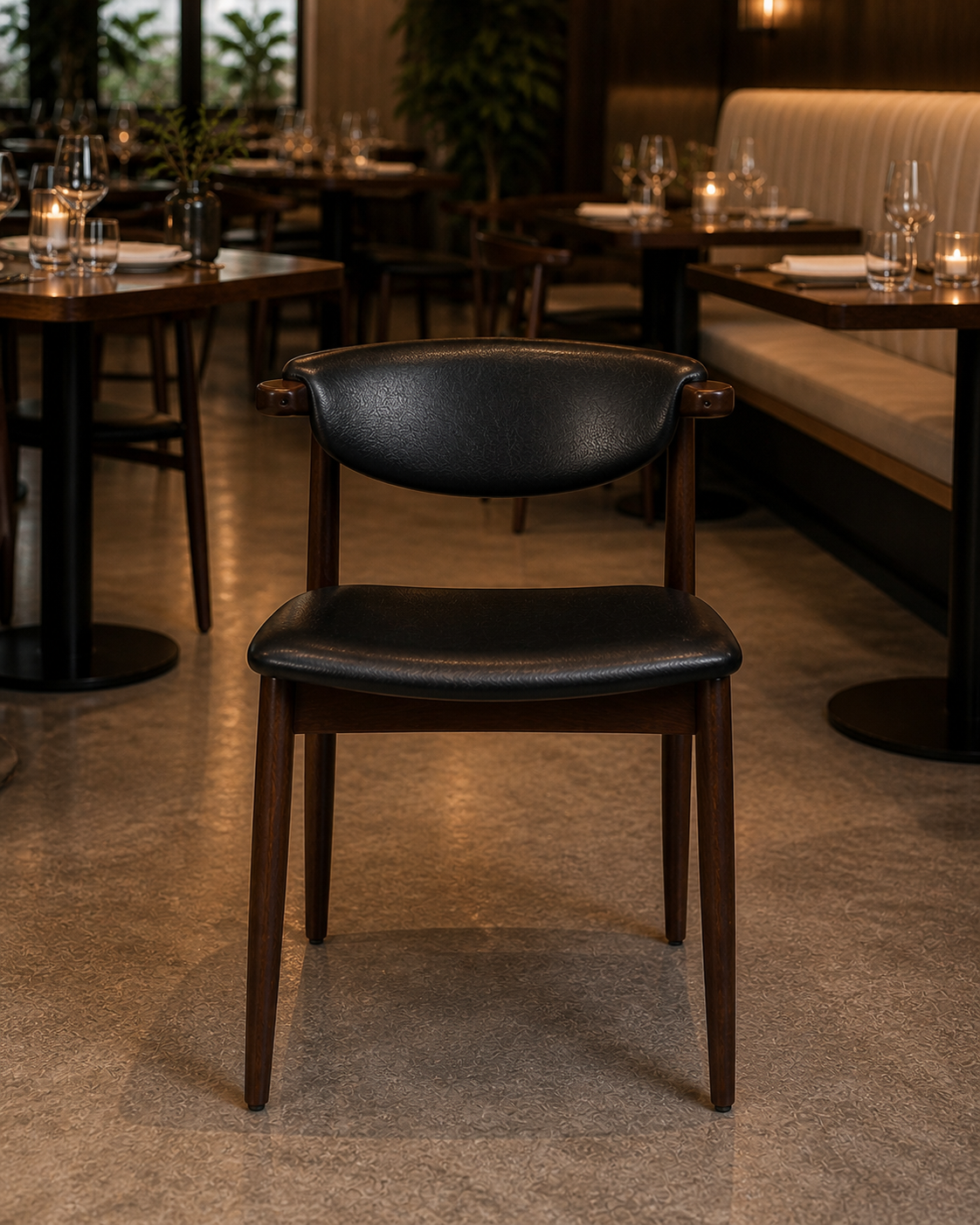 Dark brown side chair with black upholstered seat and rounded backrest in restaurant seating