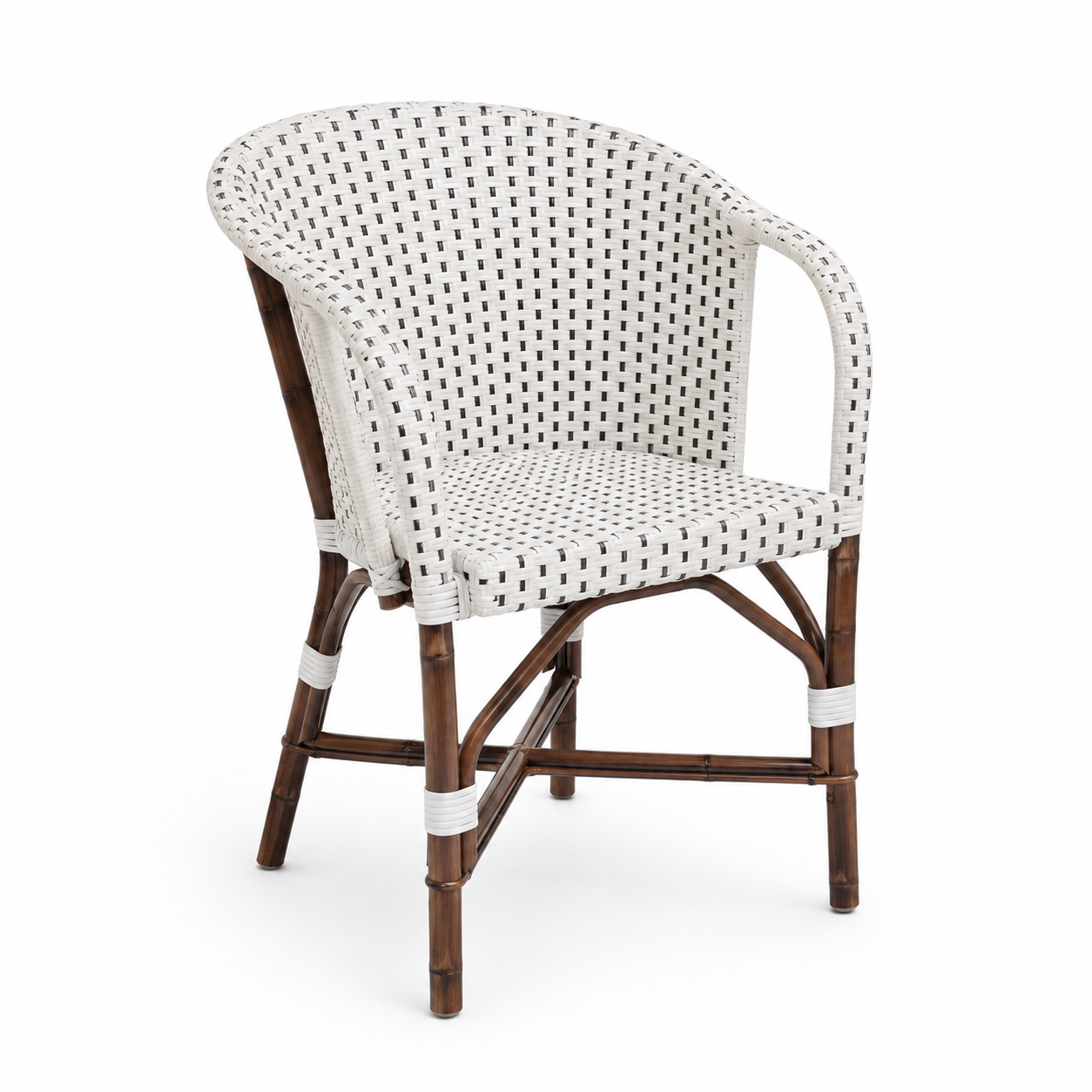 Woven arm chair with white seat and back, small square weave pattern, curved arms.
