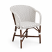Woven arm chair with white seat and back, small square weave pattern, curved arms.