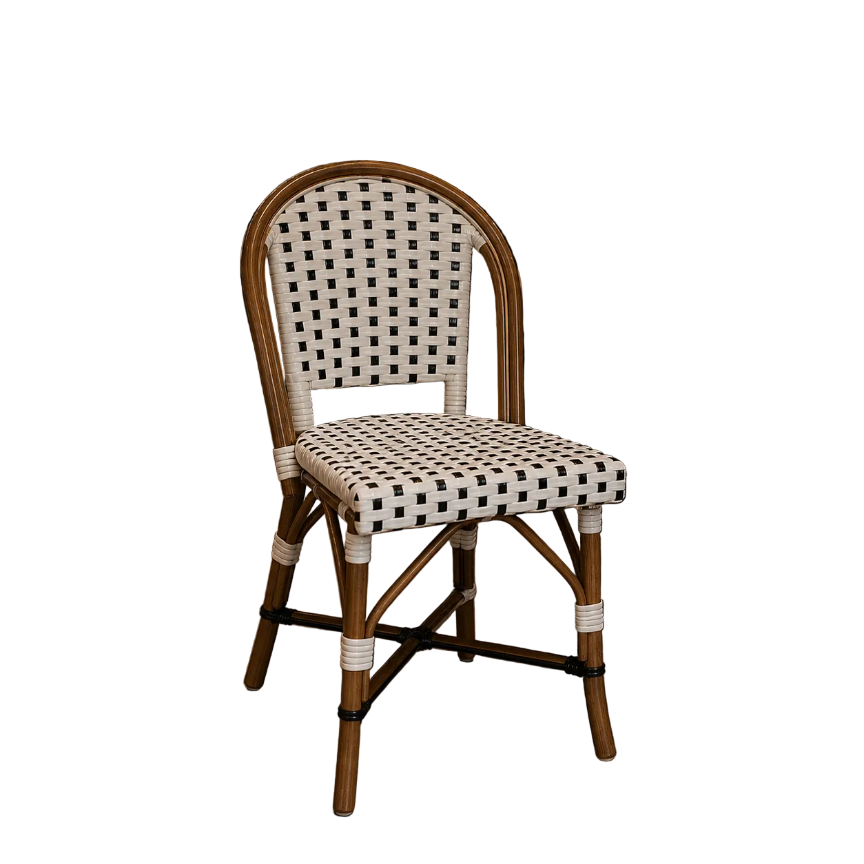Woven side chair with rounded rattan back, white-and-black cane seat, dark wood legs