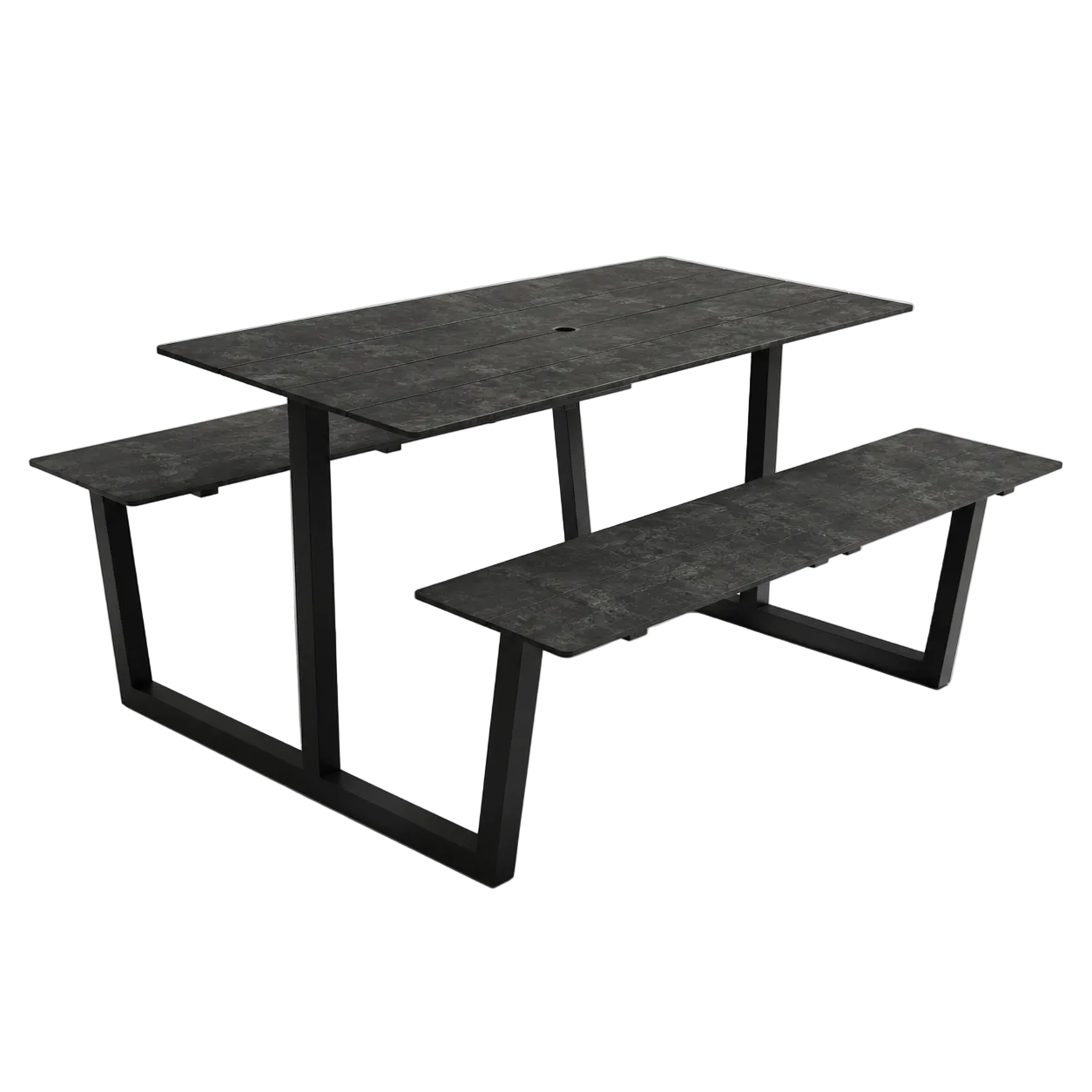 Monterey table with dark concrete top and black metal frame, with two bench-style shelves.
