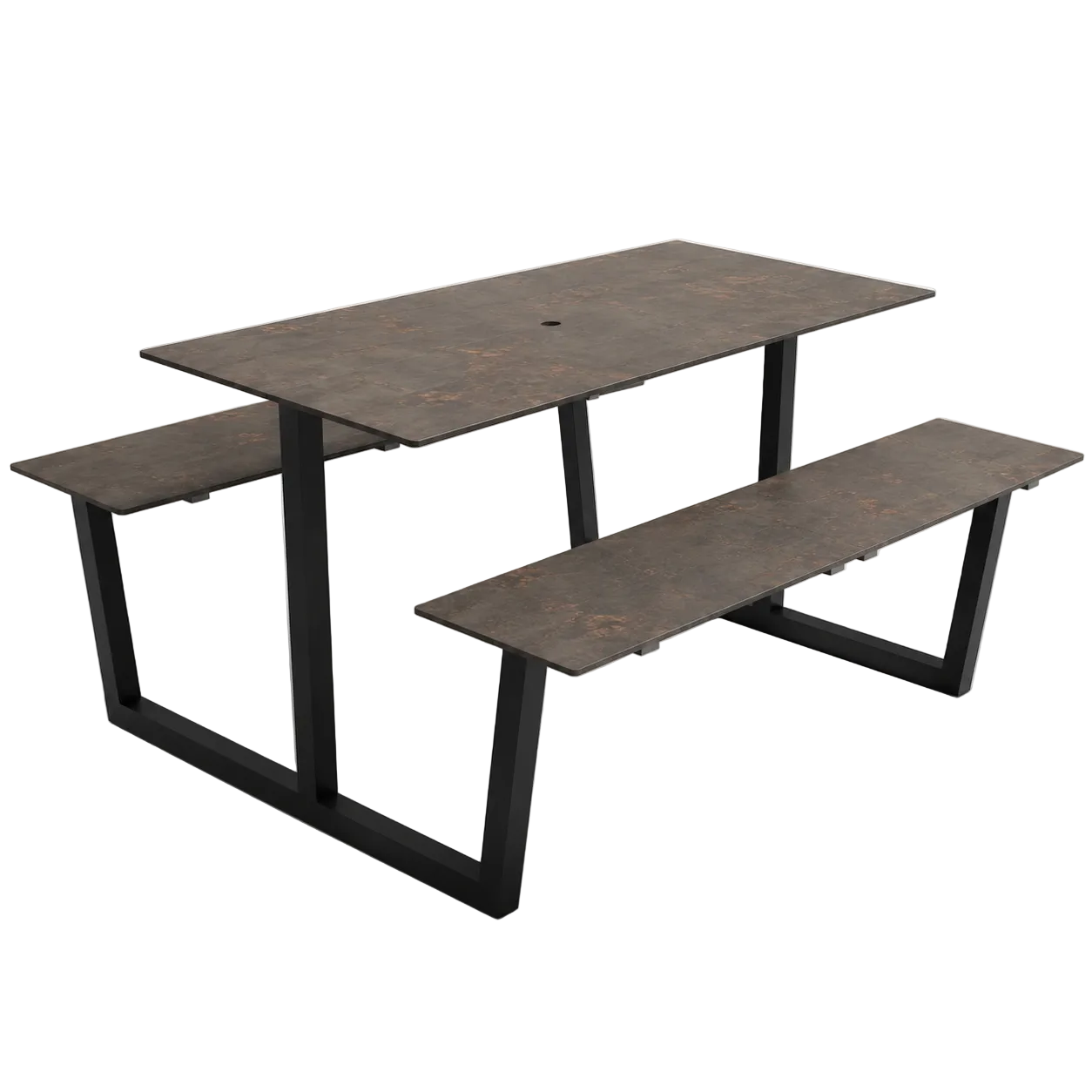 Double-top table with black metal frame and two rectangular tops with mottled concrete finish.