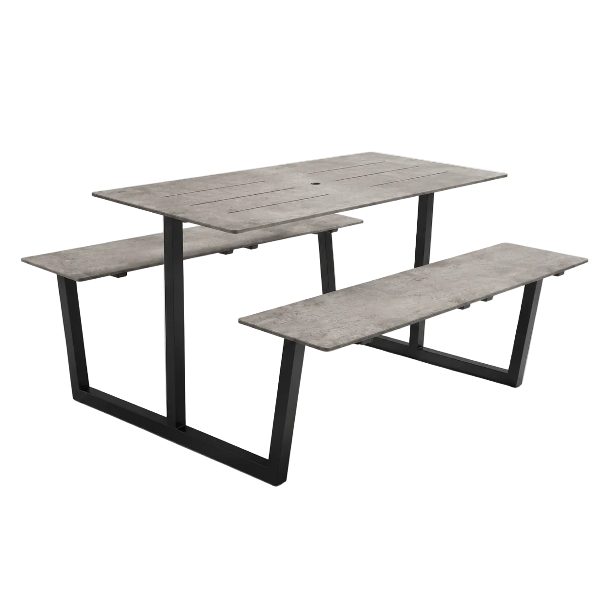 Monterey table set with concrete-look tabletop and matching bench, black metal legs
