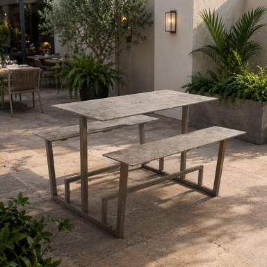 Monterey table set with concrete-look top and bench, taupe metal base, outdoor seating