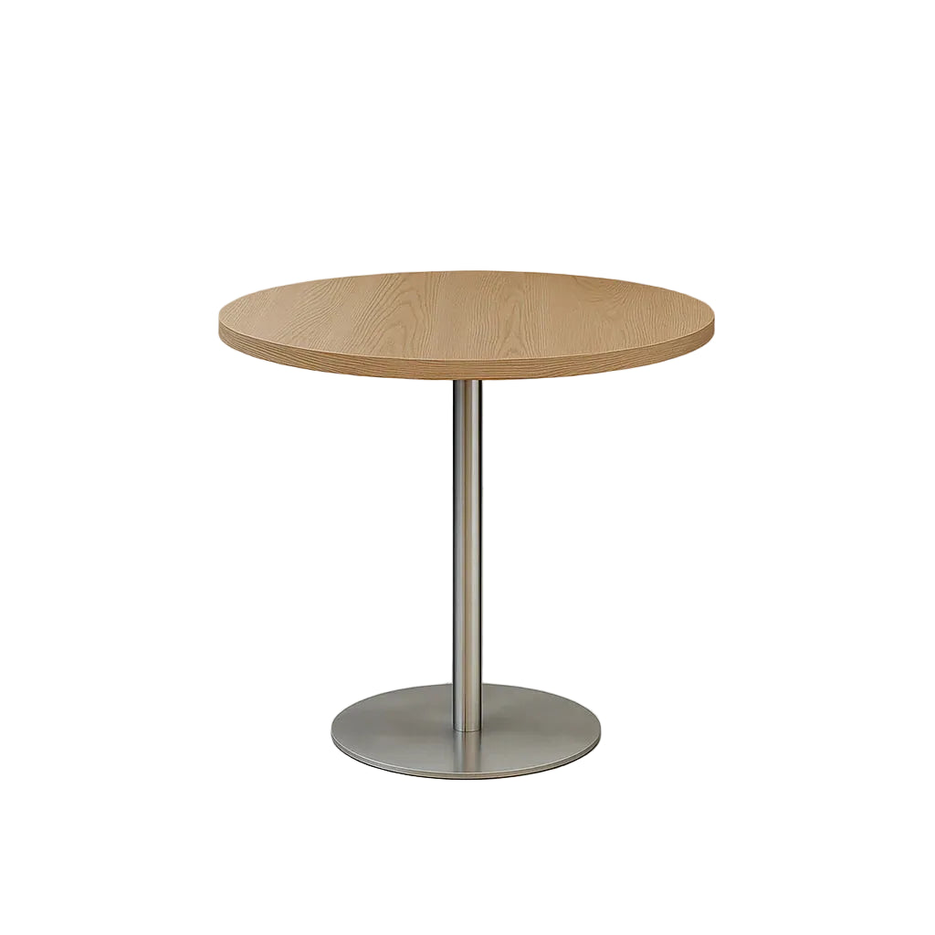 Table base with round light wood-look top, vertical pedestal post, and circular base plate