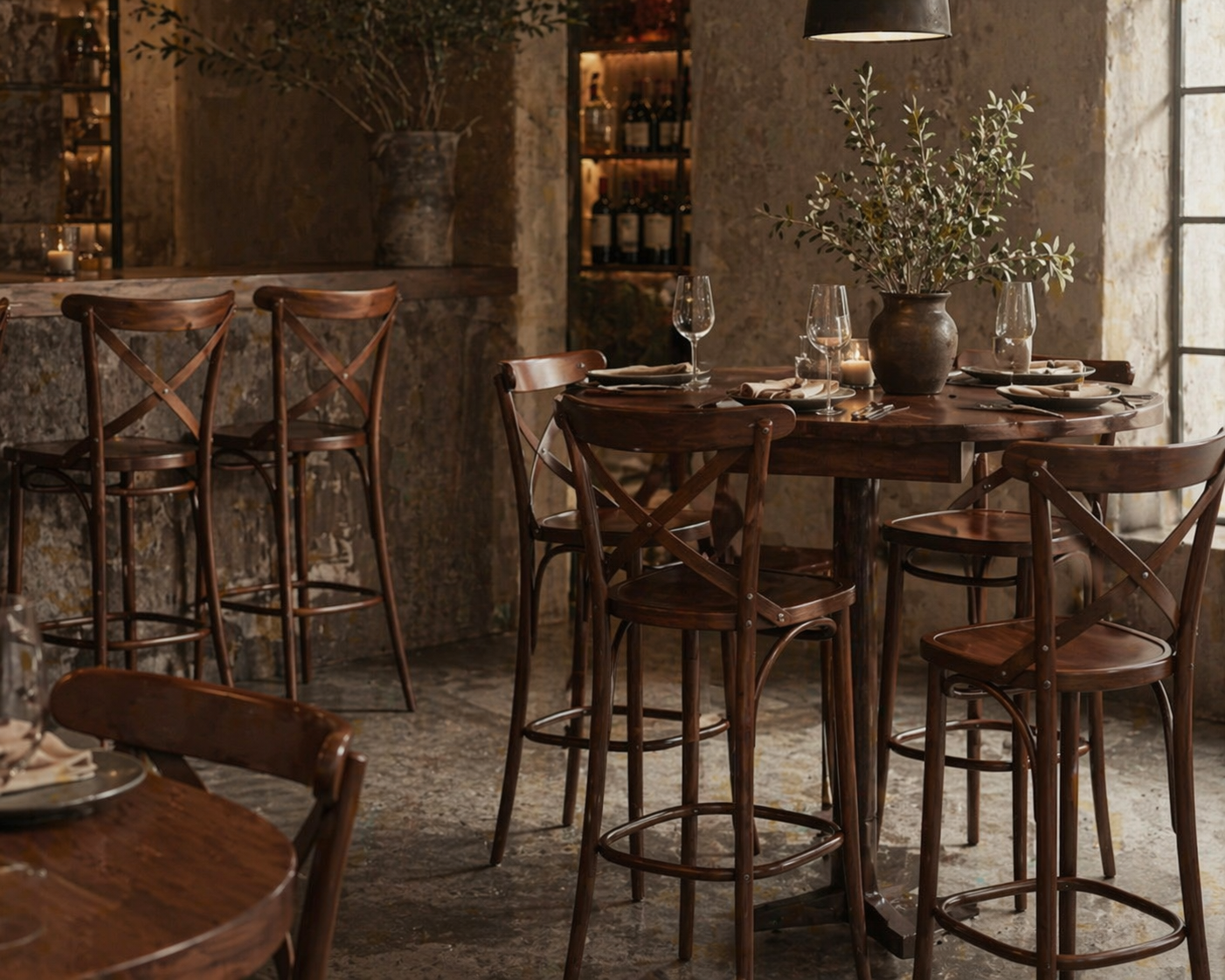 Wood bar stool with cross-back frame, round seat, and lower circular footrest.
