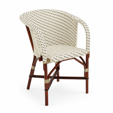Woven arm chair with cream seat and back, dark check pattern, curved armrests.