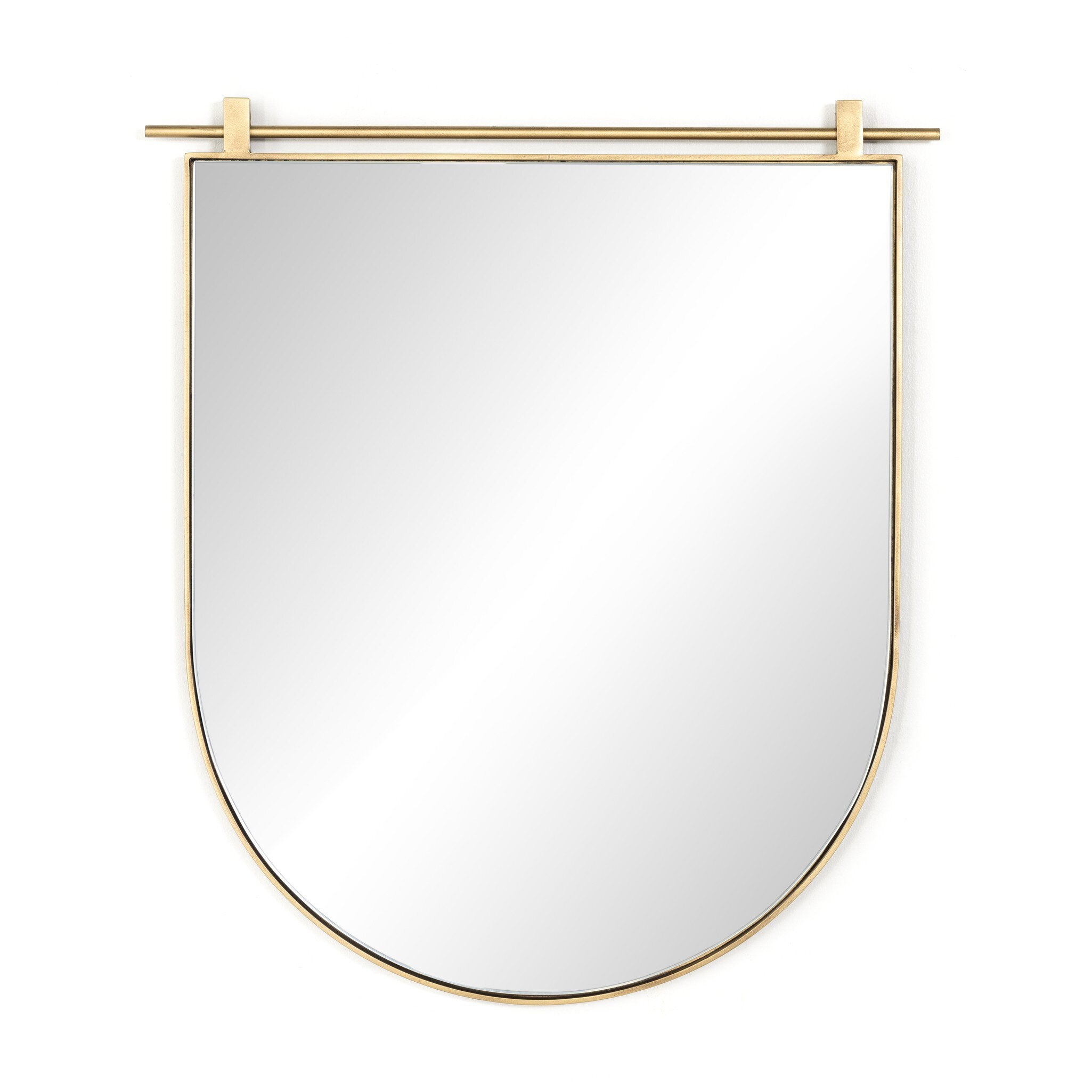 Chico small arch wall mirror with a vertical antiqued brass suspension bar