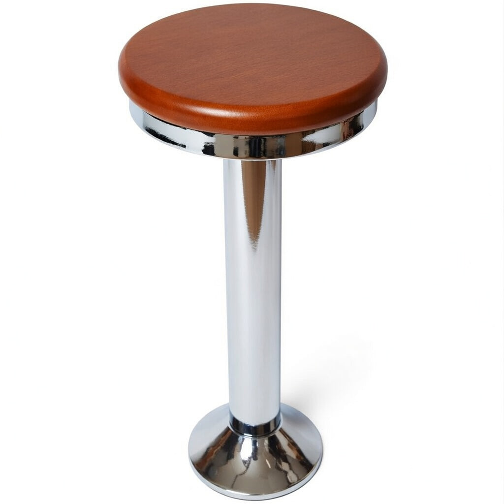 Chrome Paisley bolted bar stool featuring a cherry wood seat and a permanent floor-mounted metal base for grounded stability