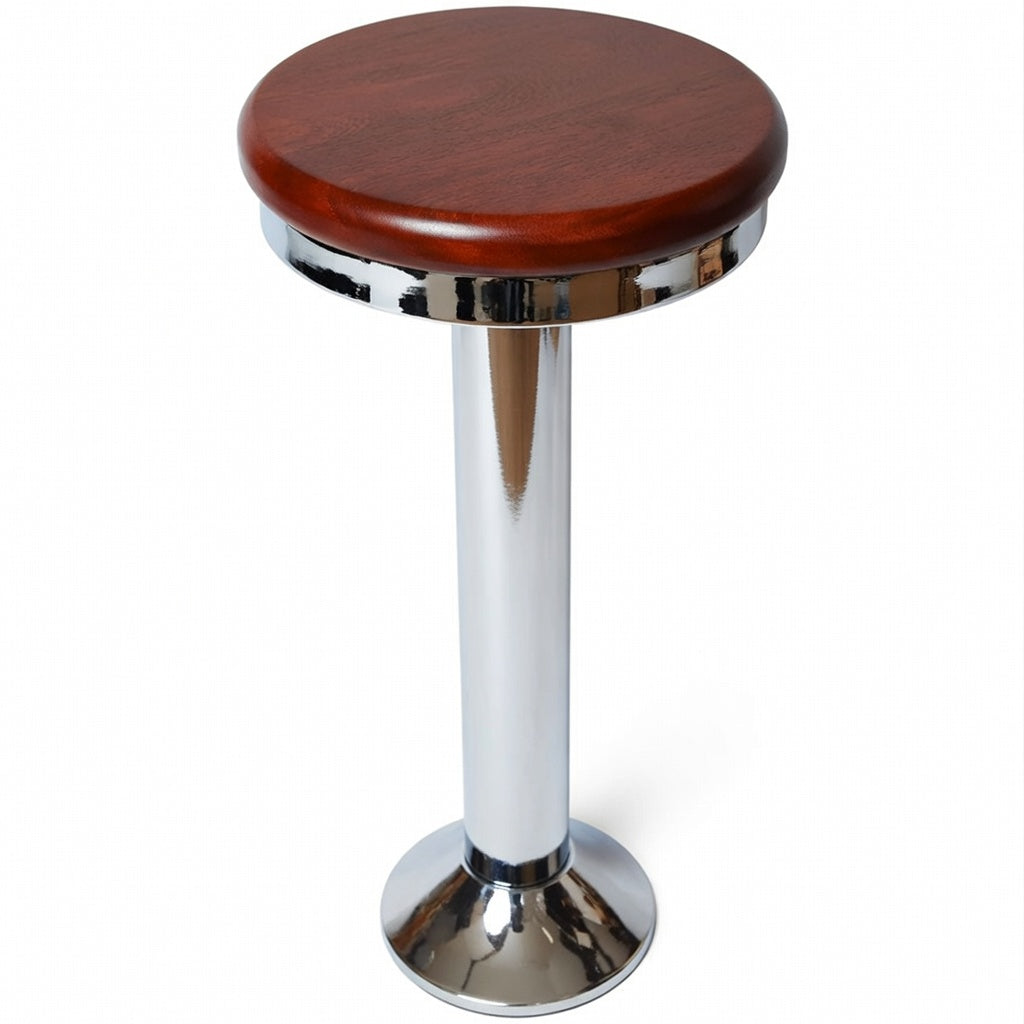 Chrome Paisley bolted bar stool featuring a mahogany wood seat and a permanent floor-mounted metal base for grounded stability