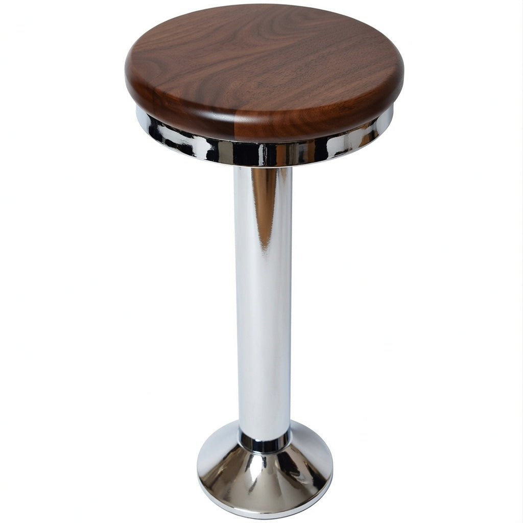 Chrome Paisley bolted bar stool featuring a walnut wood seat and a permanent floor-mounted metal base for grounded stability