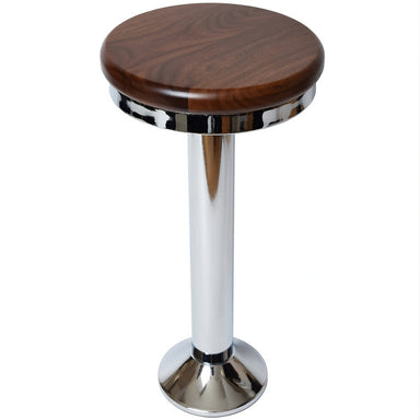 Chrome Paisley bolted bar stool featuring a walnut wood seat and a permanent floor-mounted metal base for grounded stability