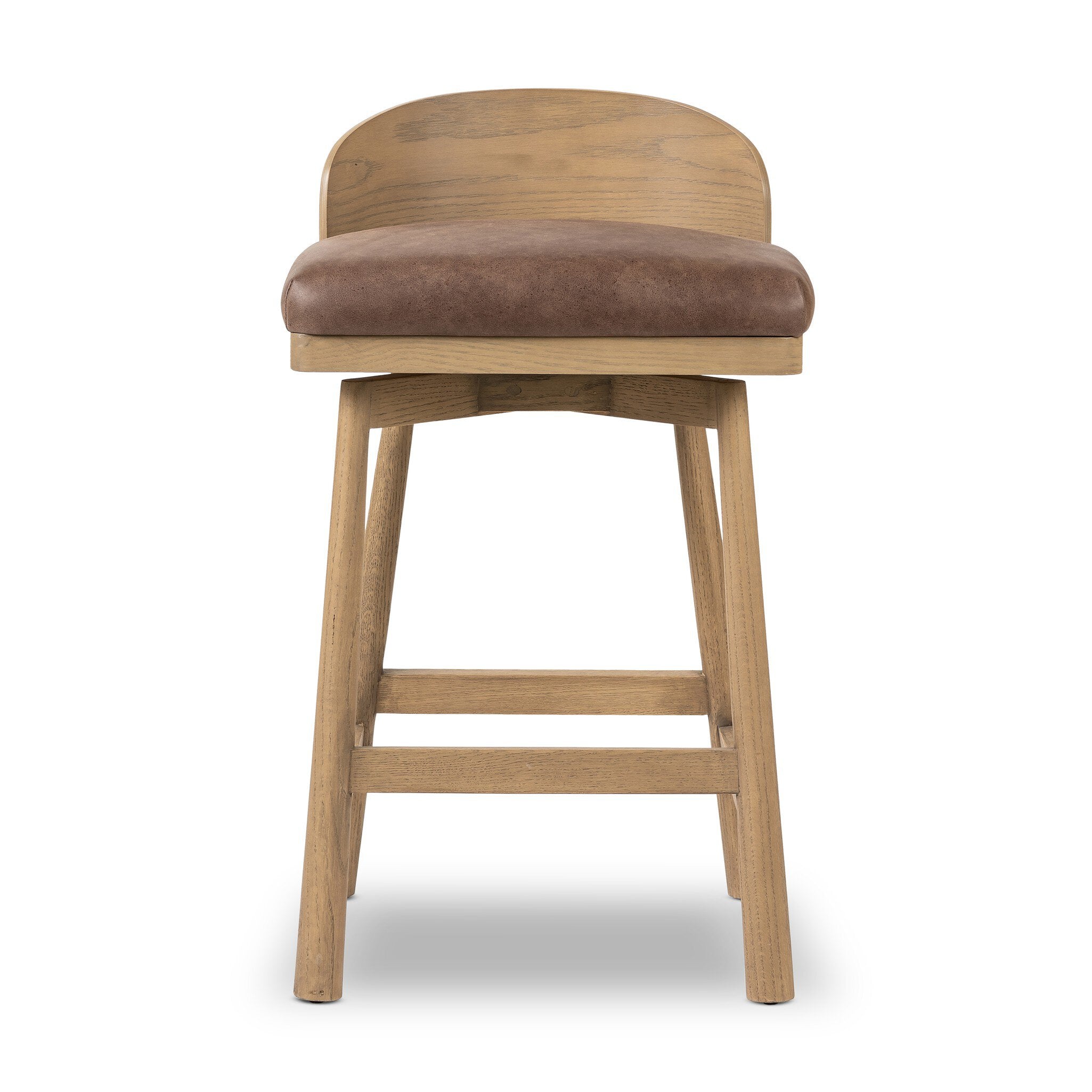 Cloris Swivel Bar Counter Stool Palermo Cigar Leather Brown Cushion Solid Oak Wood Base Front on White Background