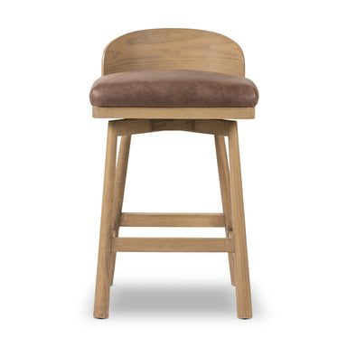 Cloris Swivel Bar Counter Stool Palermo Cigar Leather Brown Cushion Solid Oak Wood Base Front on White Background