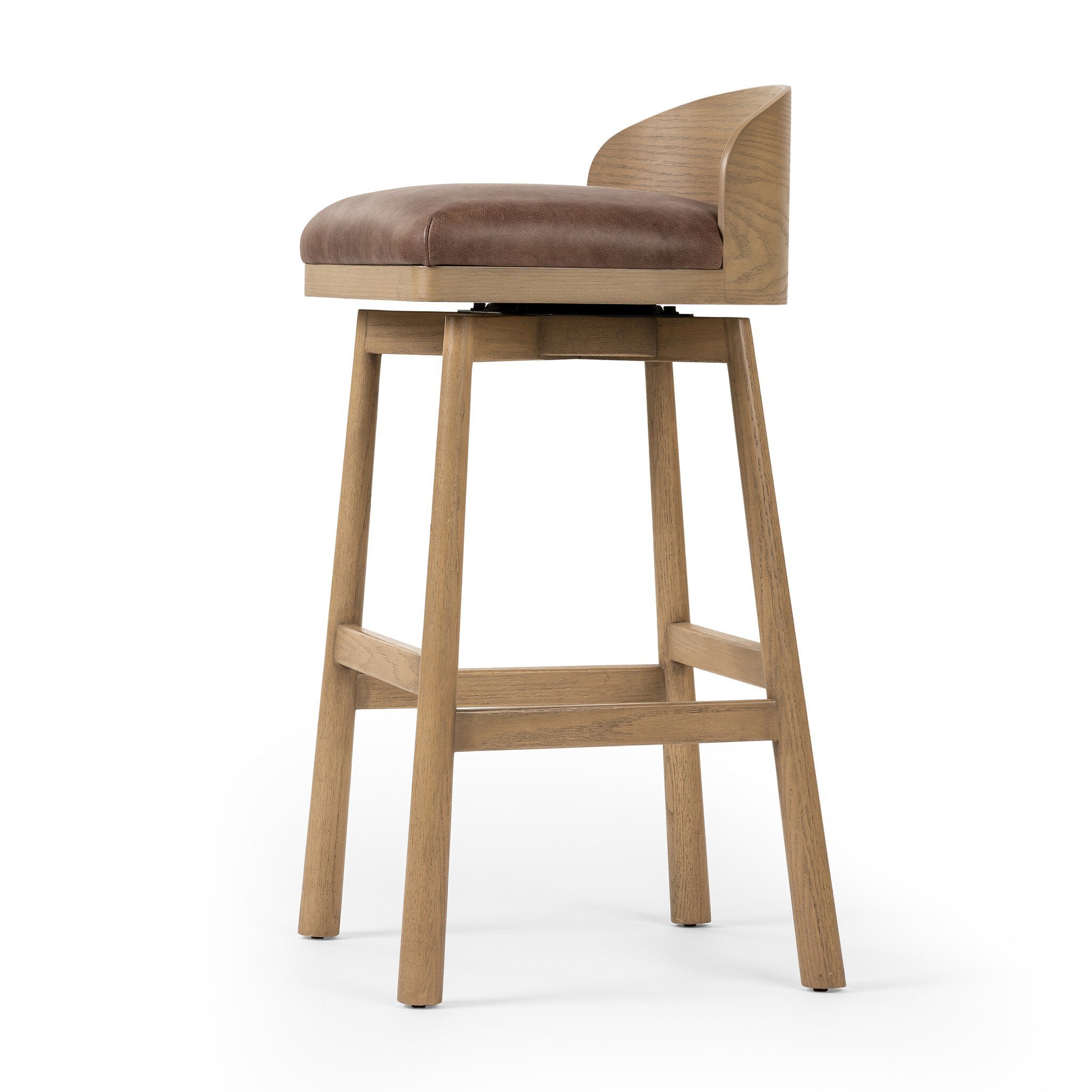 Cloris Swivel Bar Swivel Stool Palermo Cigar Leather Cushion on Solid Oak Wood Base Angle View Detail