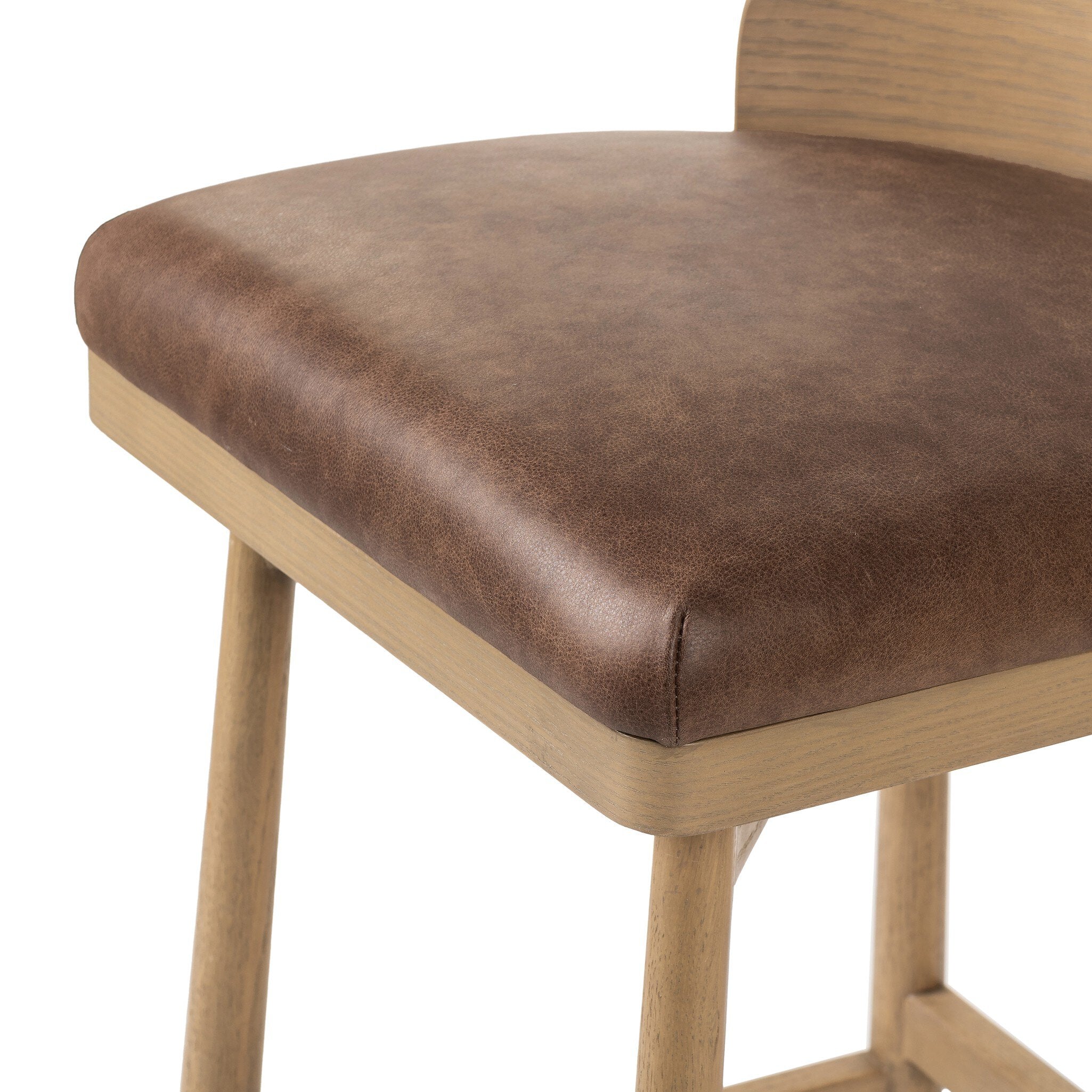 Cloris Swivel Bar Swivel Stool Palermo Cigar Leather Cushion on Solid Oak Wood Base Corner Detail