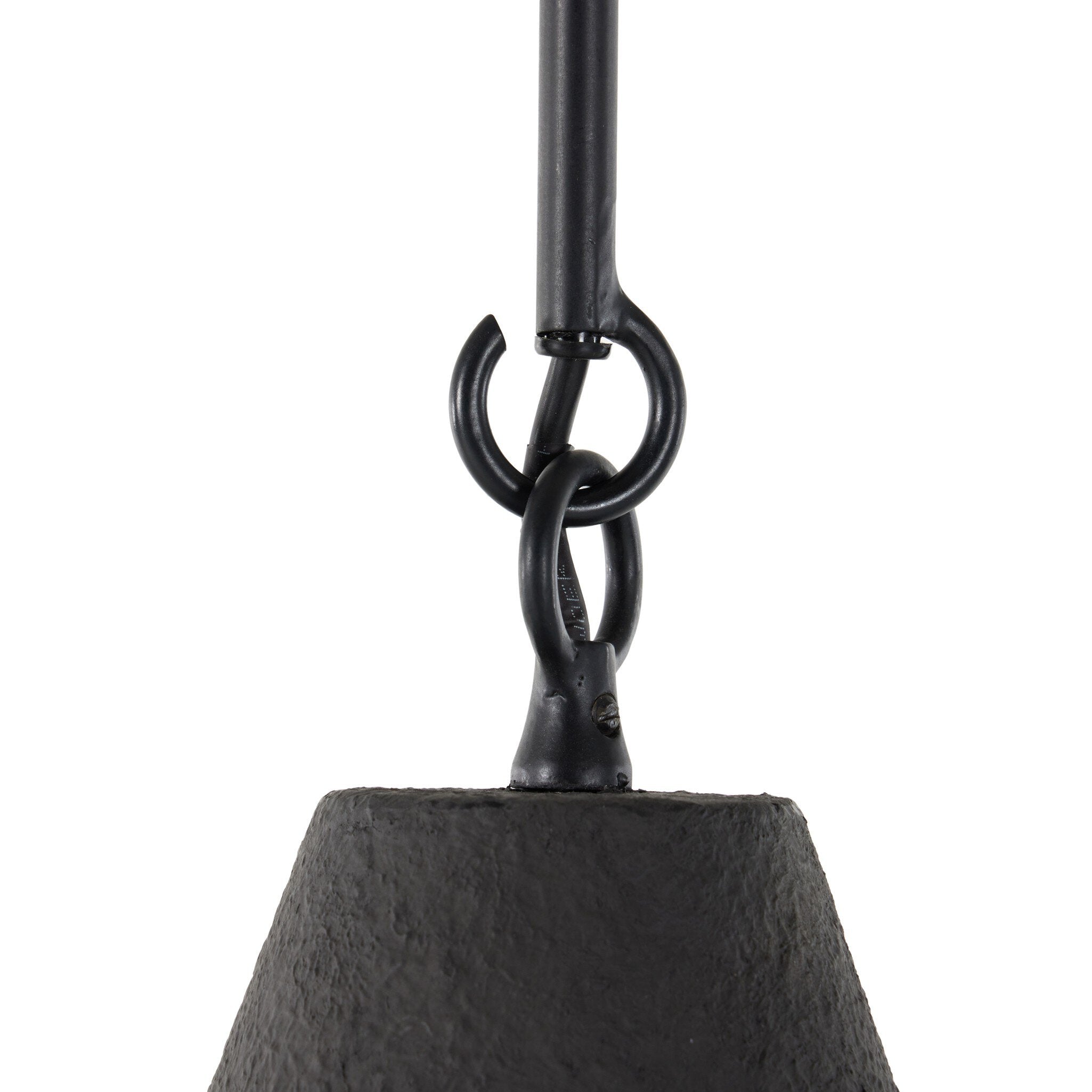 Close-up of a black metal hook with a white background Grazia matte black plaster pendant light with antiqued iron hardware 