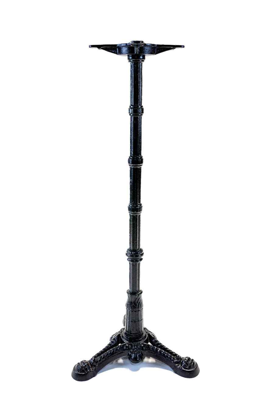 Black metal table base with high pedestal column and three scrolled feet, top plate