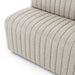 Close-up detail Center Custom Augustine dining banquette in Orly Natural neutral performance fabric with high-back tufted detailing and wood base.