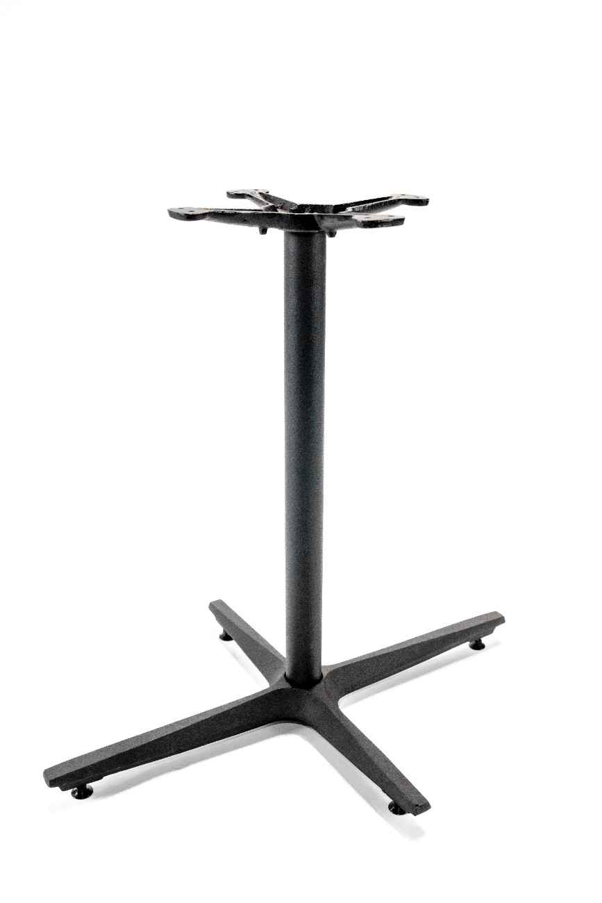 Black metal table base with central column and four spreader feet, top plate visible