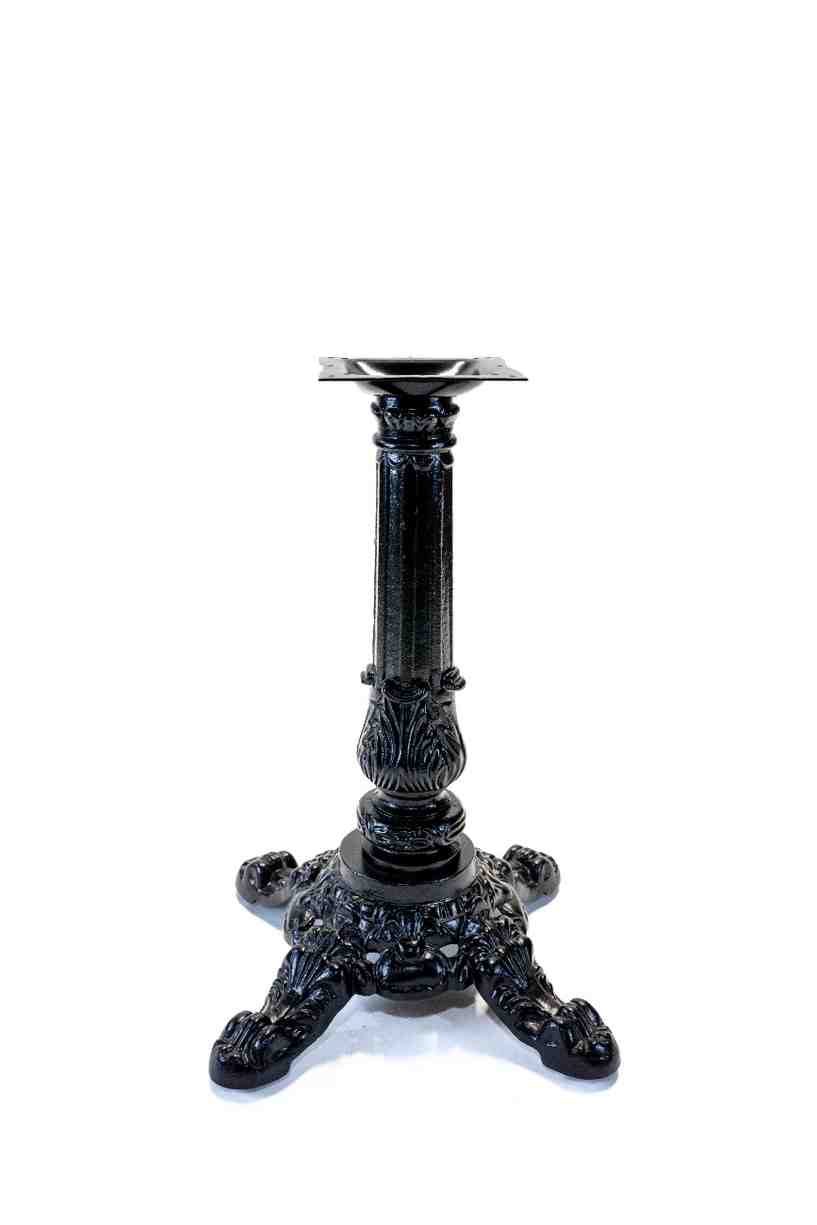 Black cast table base with fluted column, round top plate, and three decorative feet