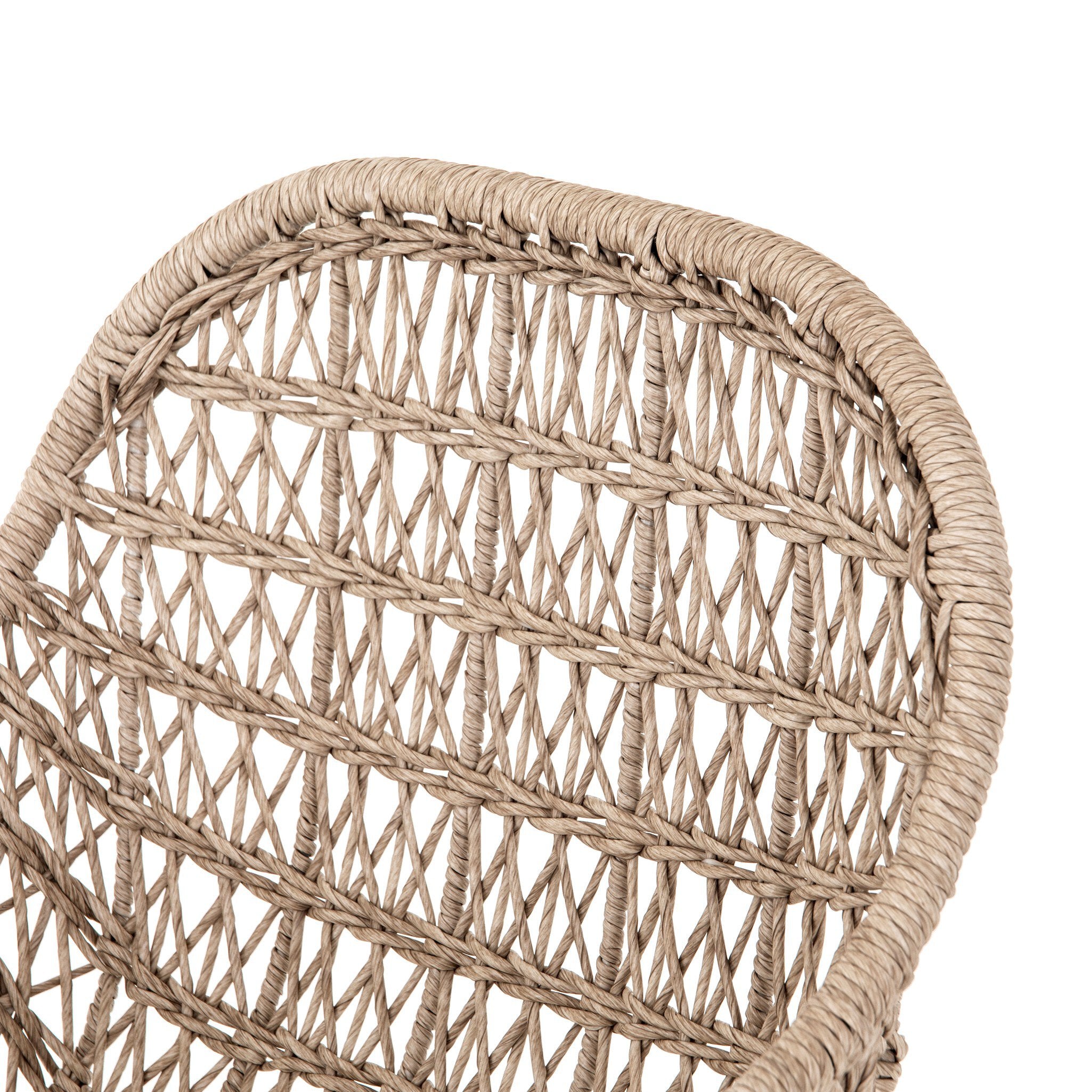 Close-up Modern low-armed outdoor bar stool with white wicker weaving and a bronze industrial frame for hospitality dining