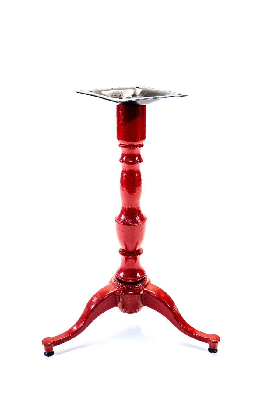 Red 3-leg table base with square top plate and arched tripod legs