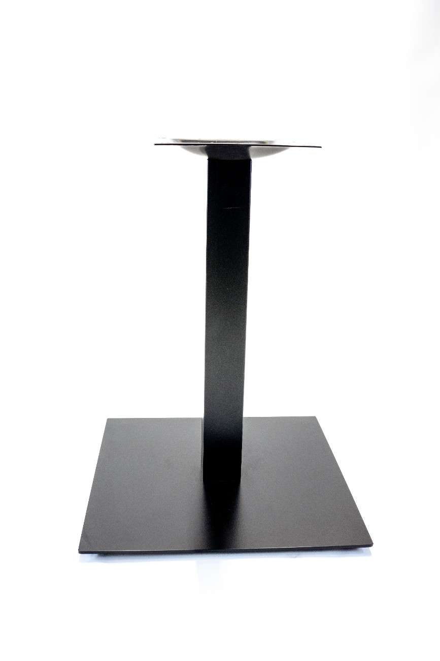 Pedestal table base with satin metal finish, slender column and flat square base