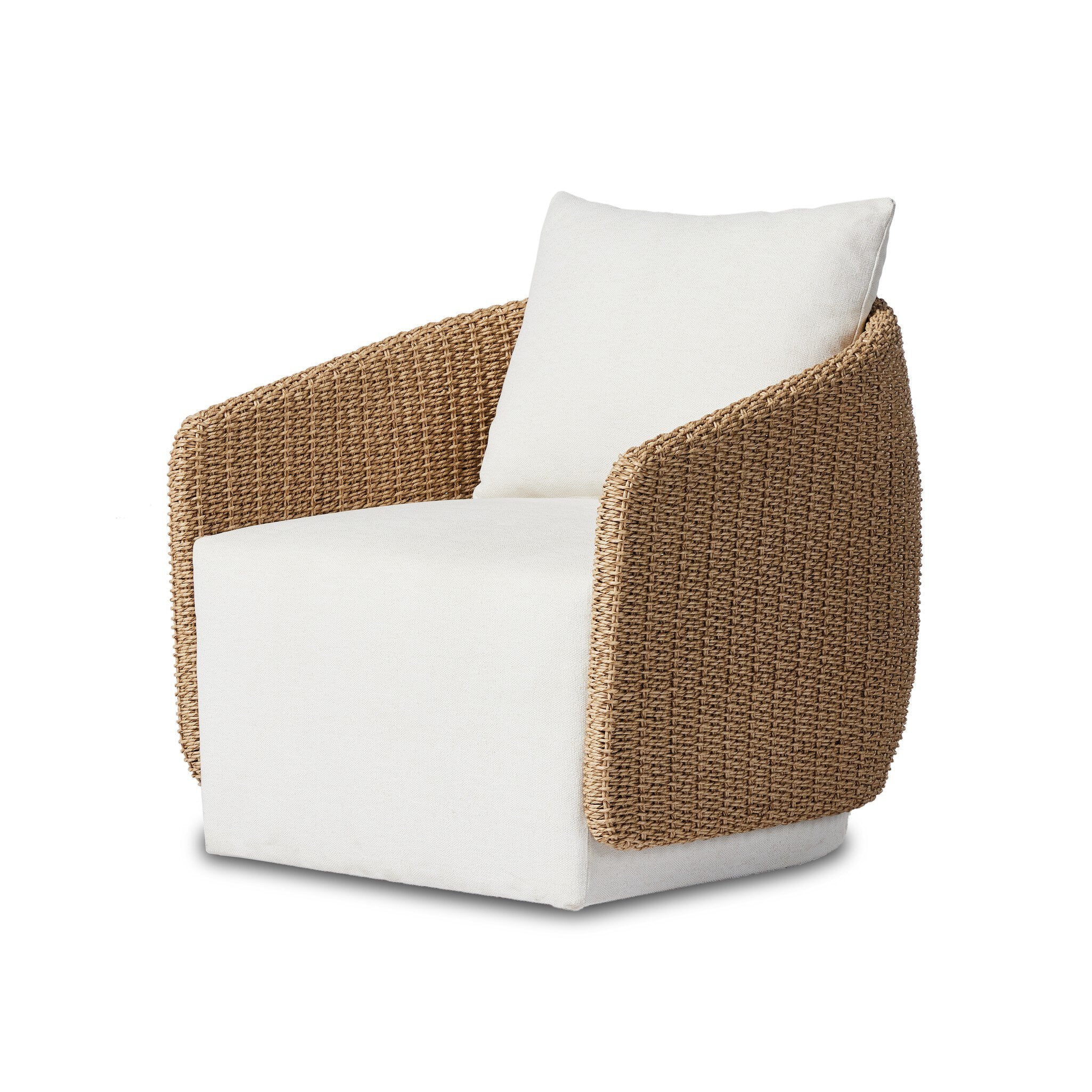 Close-up angled detail Maven Outdoor Swivel Chair in Alessi Linen with a faux hyacinth woven shell and 360-degree base