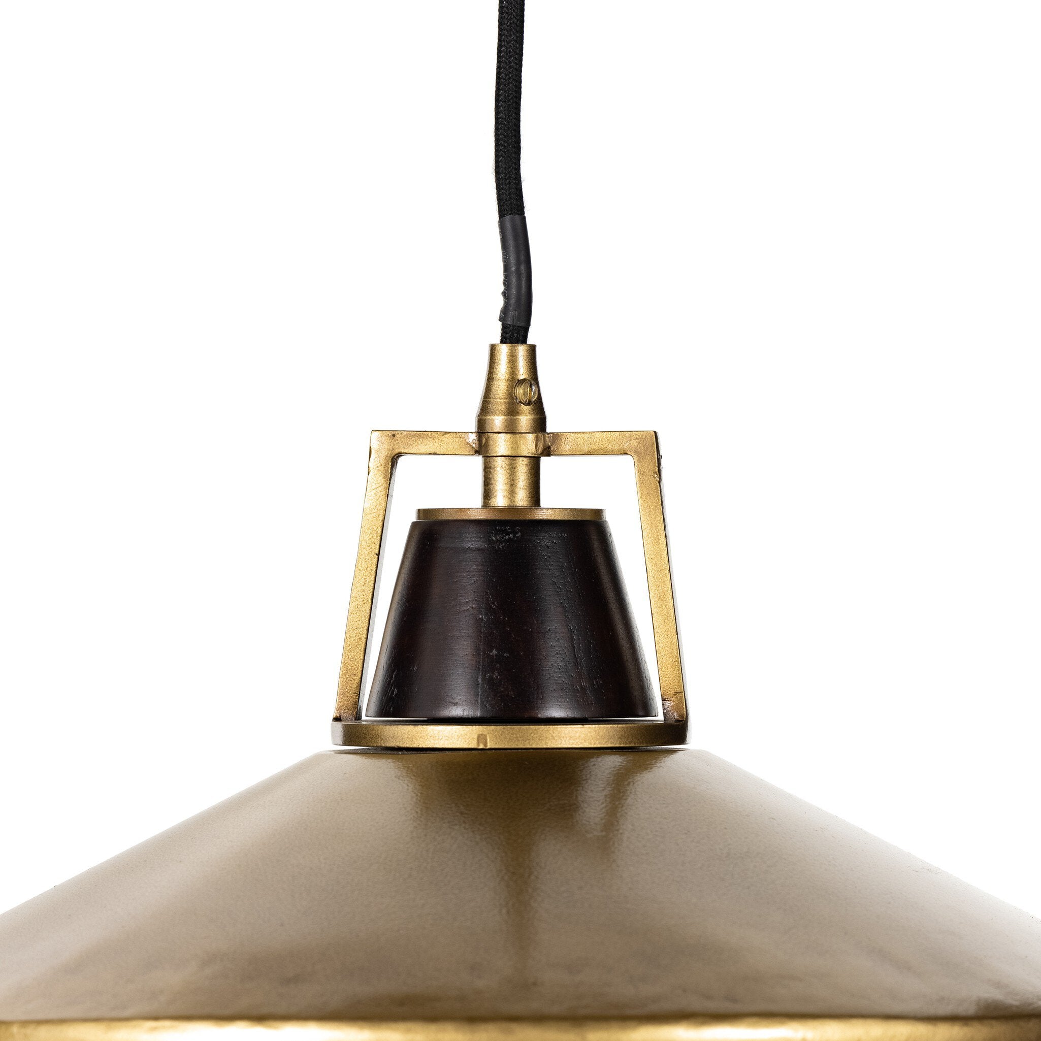 Close-up brass Novak 10-inch hand-hammered antique brass pendant light with perforated metal edge detail 